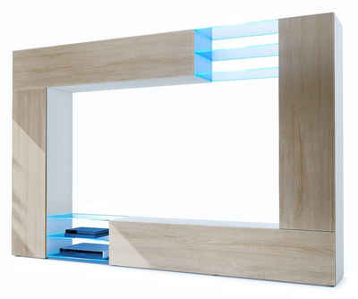 Vladon Wohnwand Mirage, (Anbauwand mit Rückwand mit 2 Türen, 4-St., 2 Klappen und 6 offenen Glasablagen), Weiß matt/Eiche sägerau, inkl. LED-Beleuchtung (262 x 183 x 39 cm)