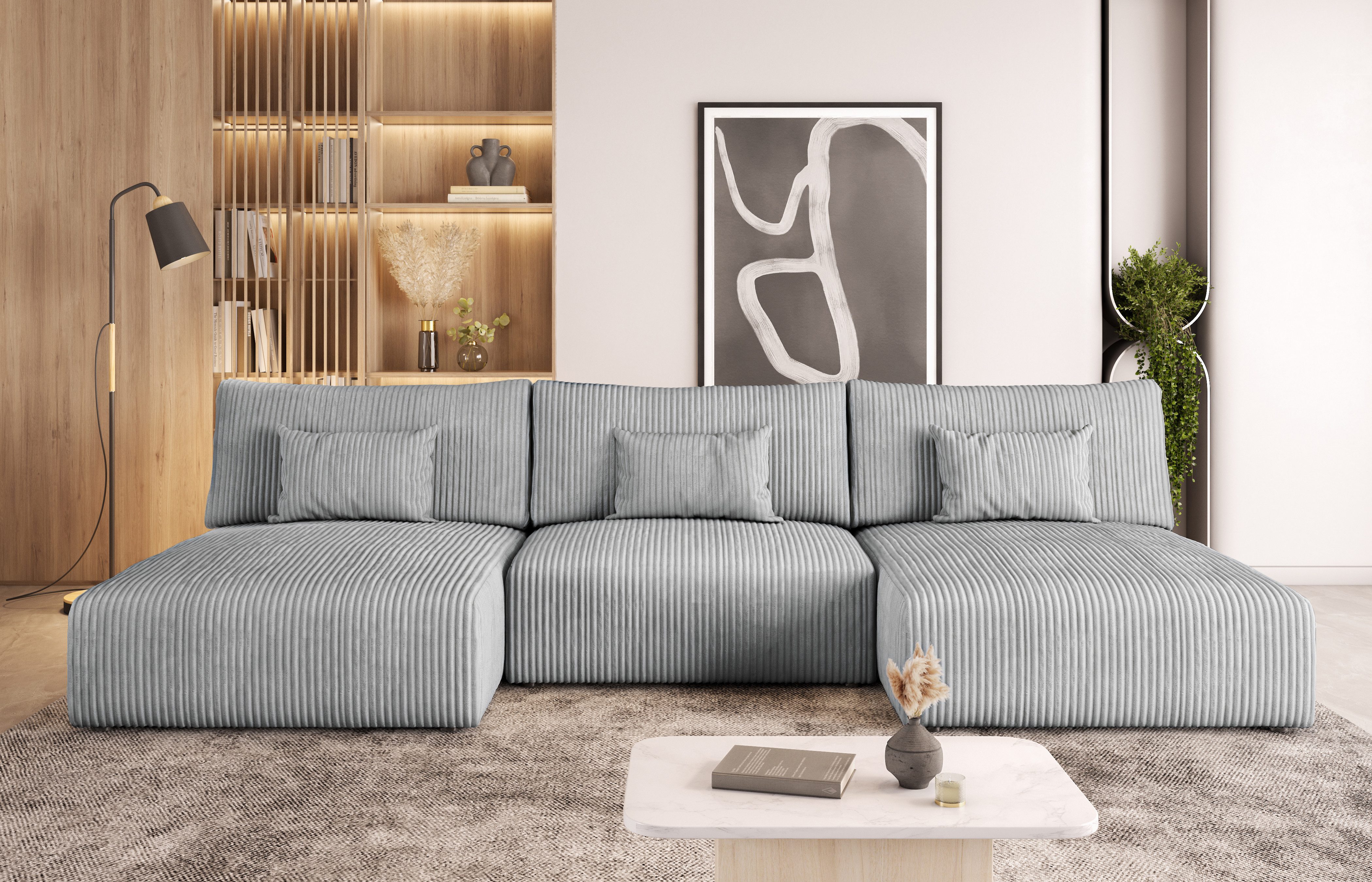 thematys Sofa Modulo U Wohnlandschaft 3 Teile als Schlafsofa für 4–5 Personen, U-Form, als Schlafsofa mit Bettkasten, Cordbezug aus Sztruksstoff Poso