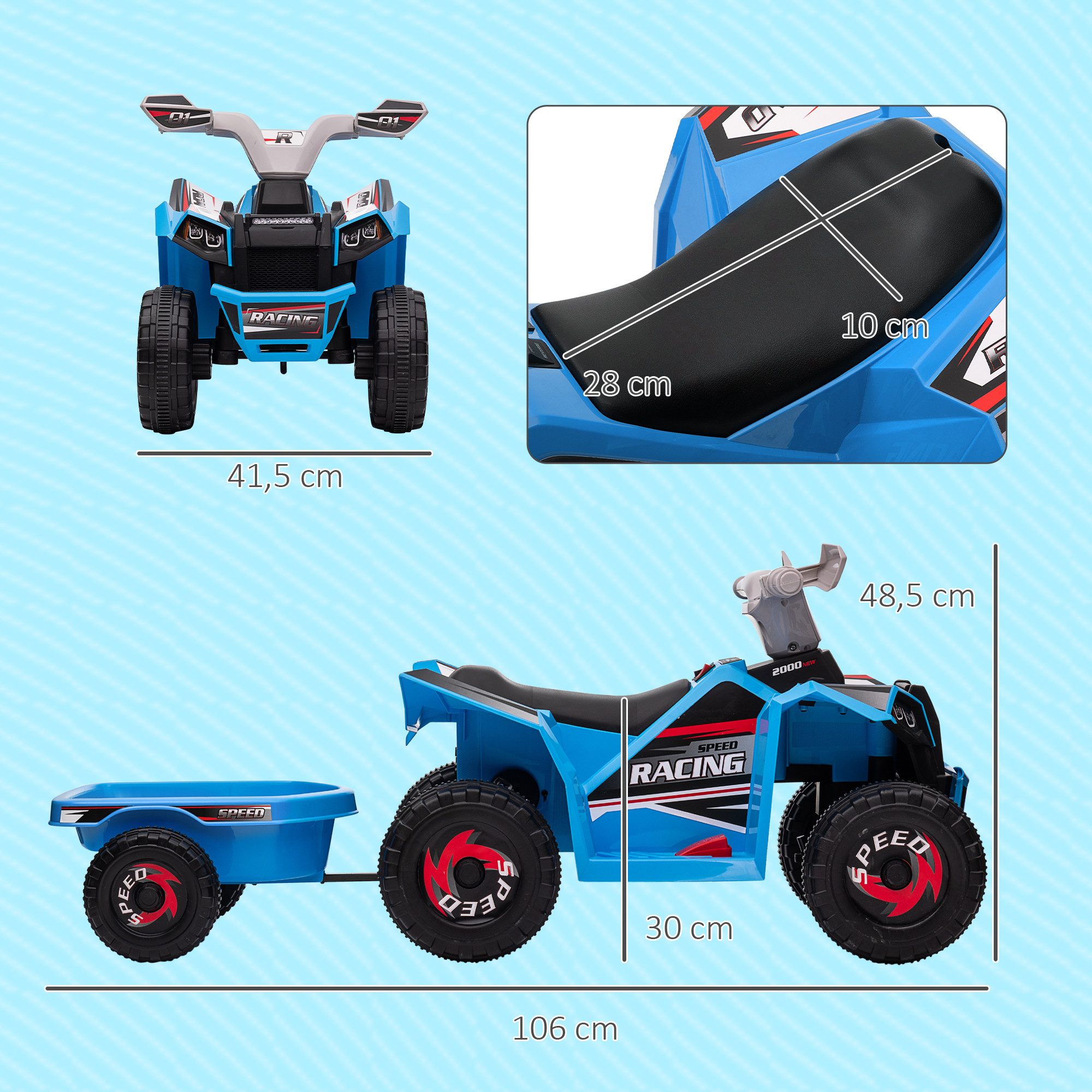 HOMCOM Elektro-Kinderquad Kinder Quad 6V mit Vorwärts-/Rückwärtsfunktion, Anhänger 2,5 km/h, Belastbarkeit 25 kg, (1-tlg), Blau+Grau+Schwarz 106 x 41.5 x 48.5 cm