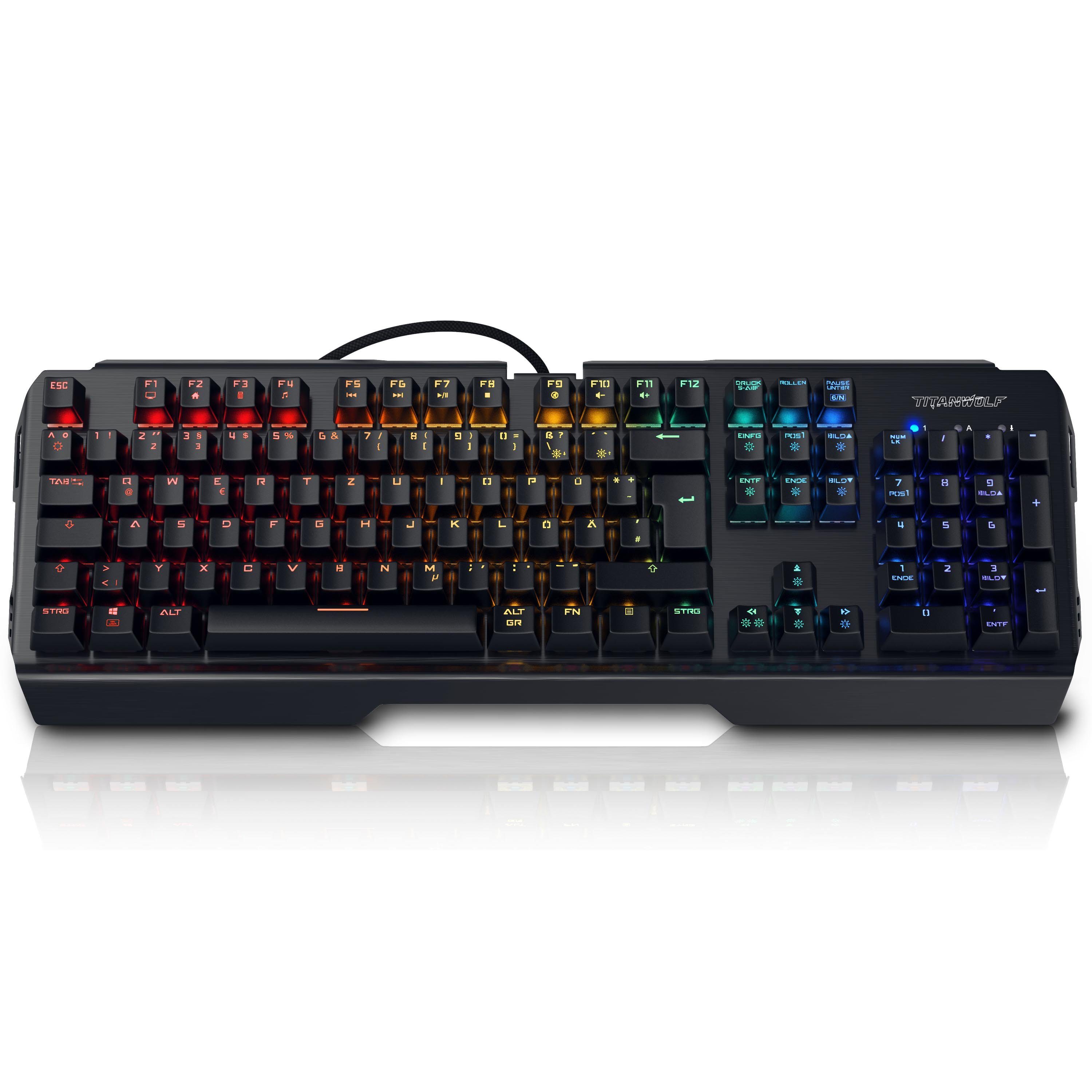 Titanwolf mechanisches Keyboard, Anti-Ghosting, Kailh Blue, LED-Beleuchtung Gaming-Tastatur (QWERTZ-Layout DE mit 105 Tasten, volles Key Rollover, RBG 18 Lichtmodi)