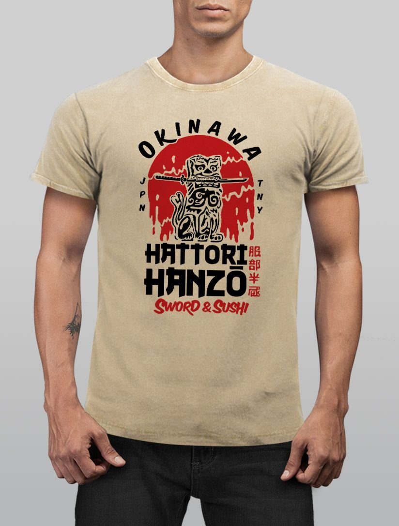 Look Hattori Okinawa Design Schriftzeichen Superior mit Sword Print Used Hanzo Neverless Neverless® Japan Shirt natur and Sushi Print-Shirt Herren Vintage