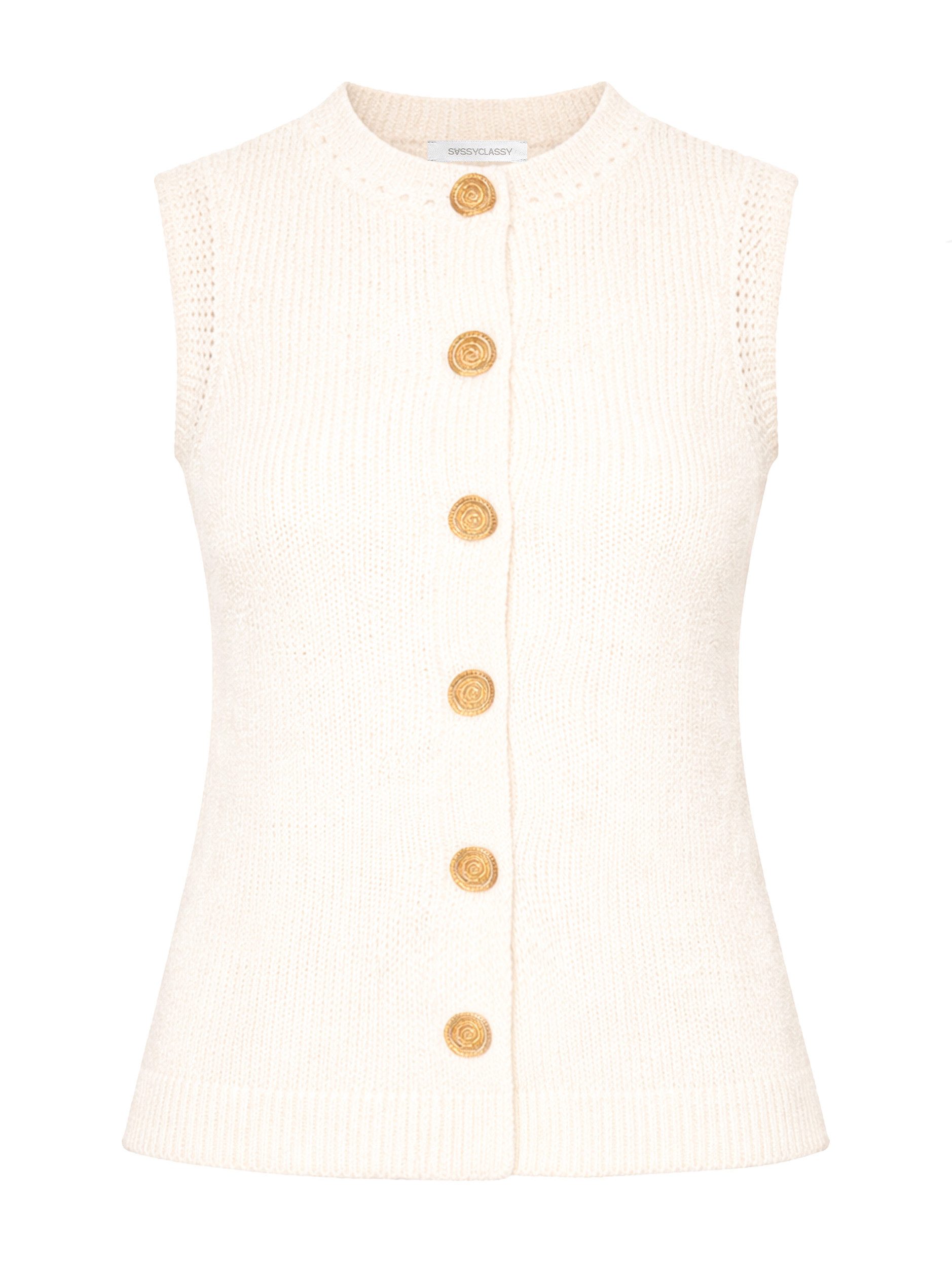 SASSYCLASSY Stricktop Strick Top mit Muschelknöpfen für Damen Ärmelloses Top mit Rundhalsausschnitt und Lochstrick Details – Bild 2 von 5