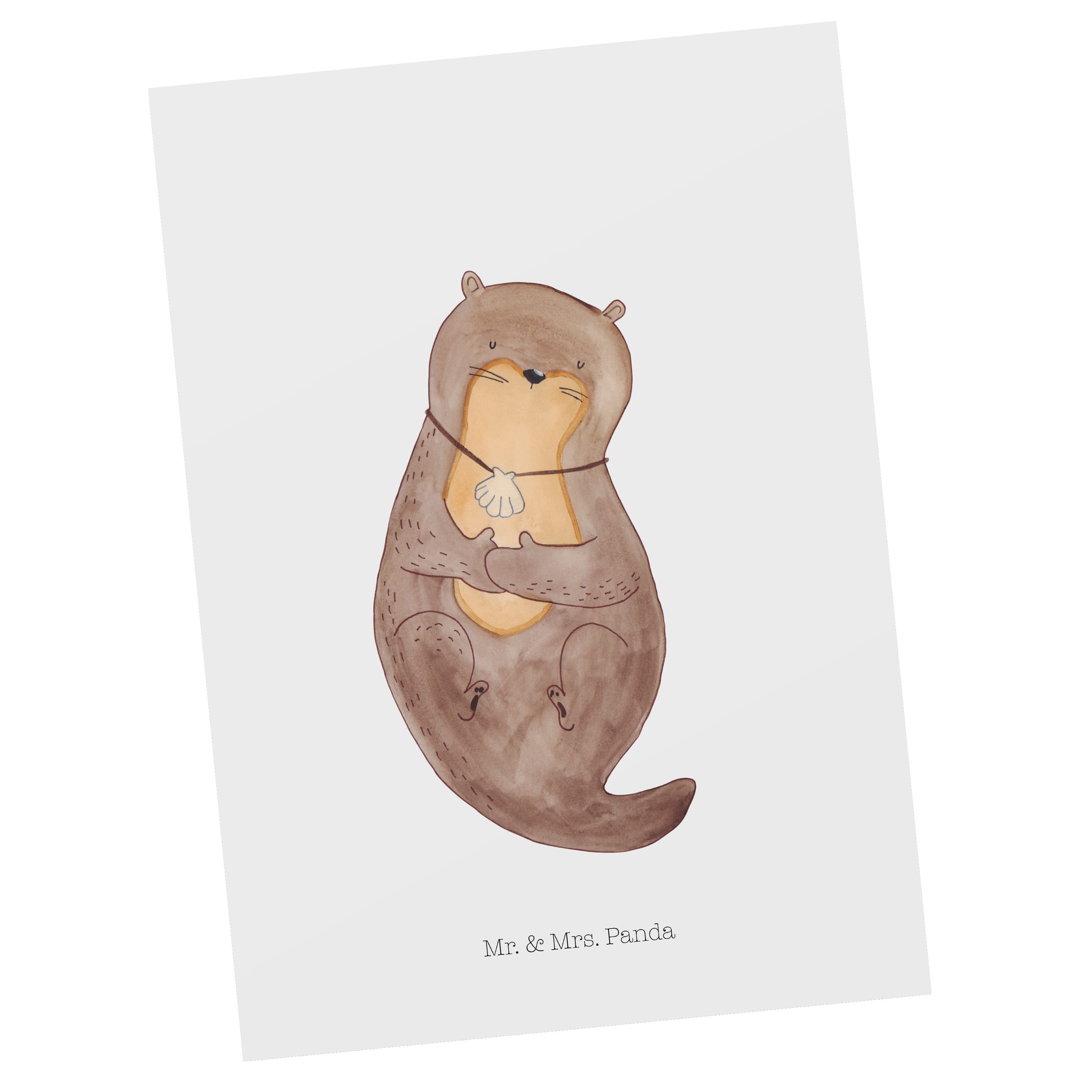 Mr. & Mrs. Panda Postkarte Otter mit Muschelmedaillon - Weiß - Geschenk, süß, Seeotter, Einladun