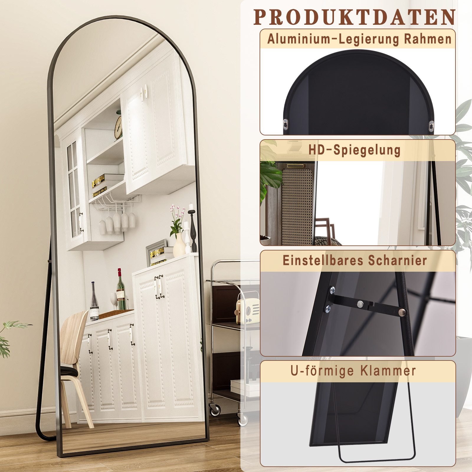 BEAUTYPEAK Standspiegel Bogenspiegel mit Alu-Rahmen (Wandspiegel erhältlich, verstärktes Glas, HD-Spiegelung)