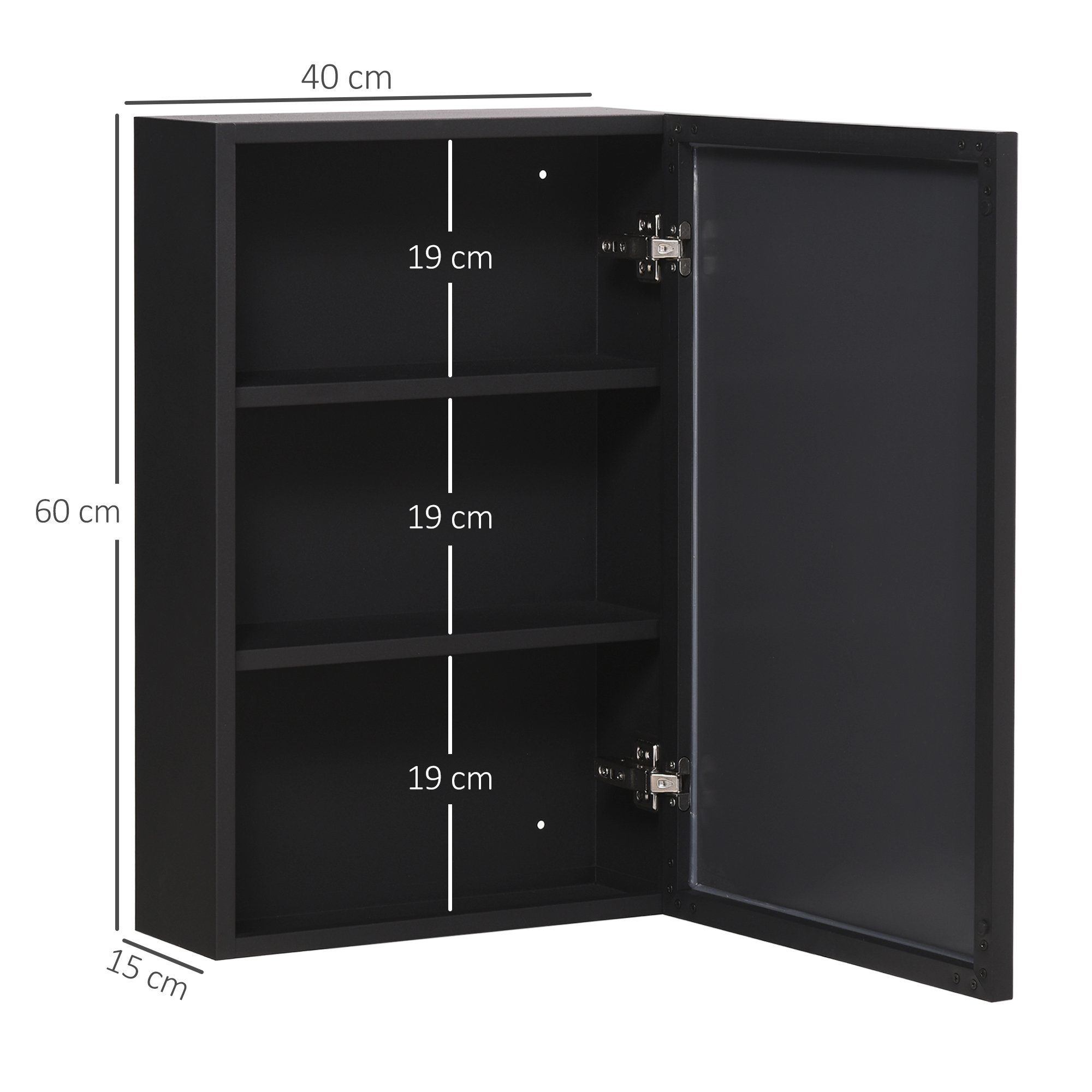 Kleankin Spiegelschrank Badspiegelschrank mit 3 Schichten (Hängeschrank, 1-St., Wandschrank für Badezimmer) Edelstahl, Schwarz, 40 x 15 x 60 cm
