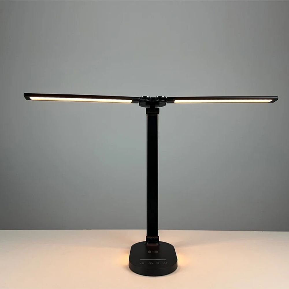 JOYOLEDER Schreibtischlampe Doppelkopf LED Schreibtischlampe, mit LED kabellose Ladestation,Dimmbar Tischlampe