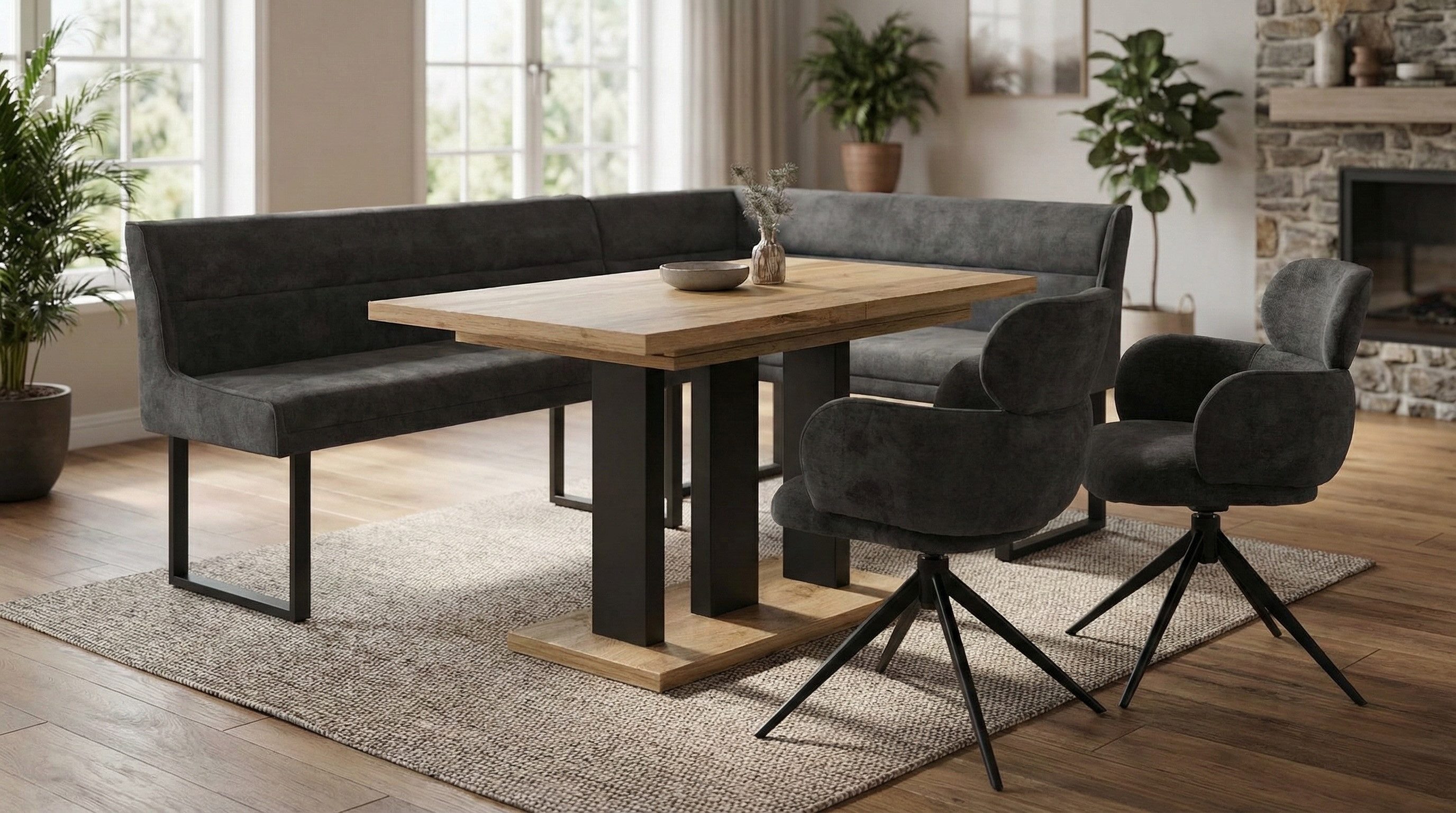 Endo-Moebel Eckbankgruppe Essgruppe mit Esstisch Eckbank & 2 Stühle Farbauswahl Chenille Stoff