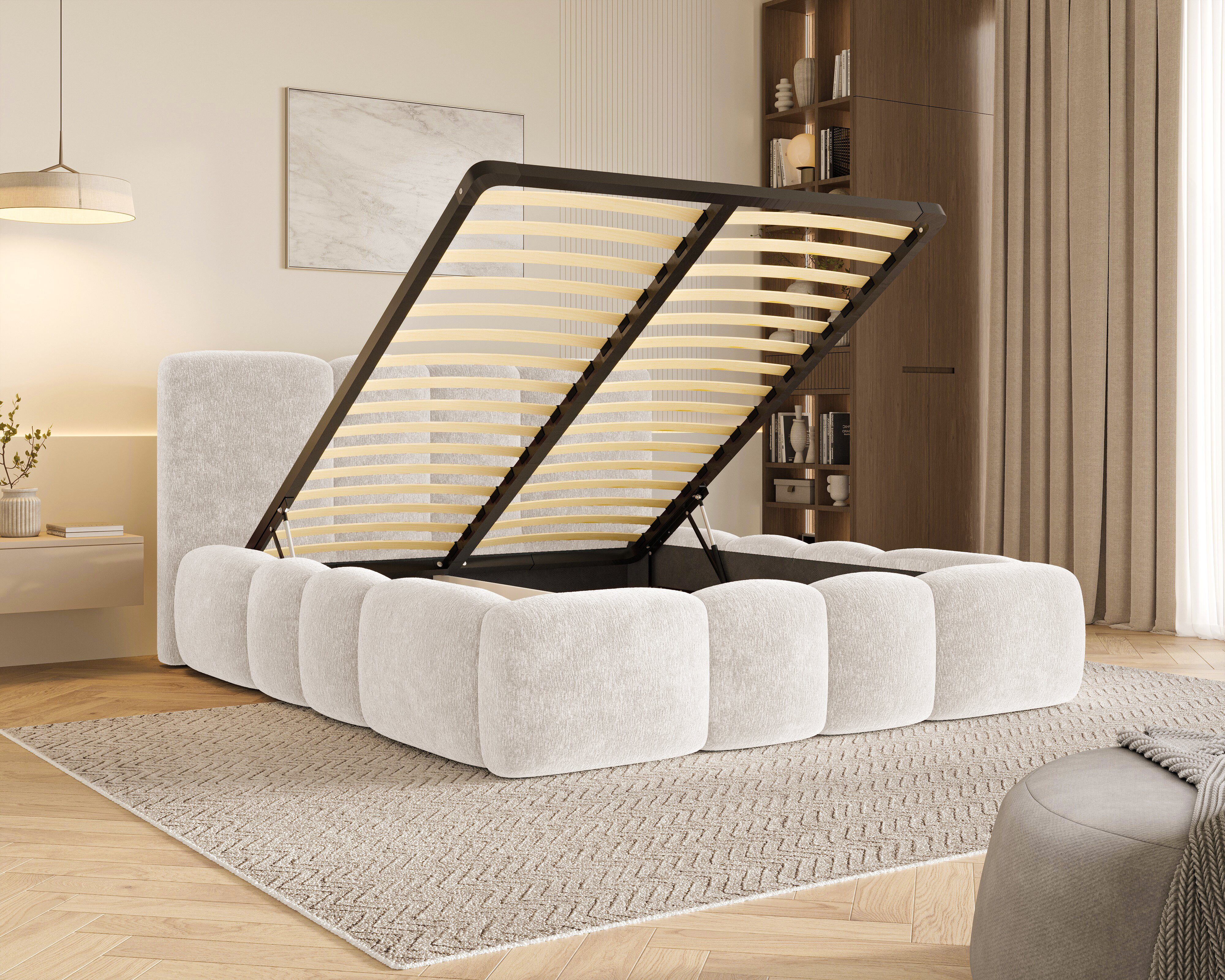 MOEBLO Polsterbett 26 Wolke (mit Stauraum und Metallrahmen und Lattenrost Wolkenbett aus Chenille Strukturstoff - 160 x 200), - (BxHxT): 168/188/208 x 100 x 230 – Bild 4 von 5