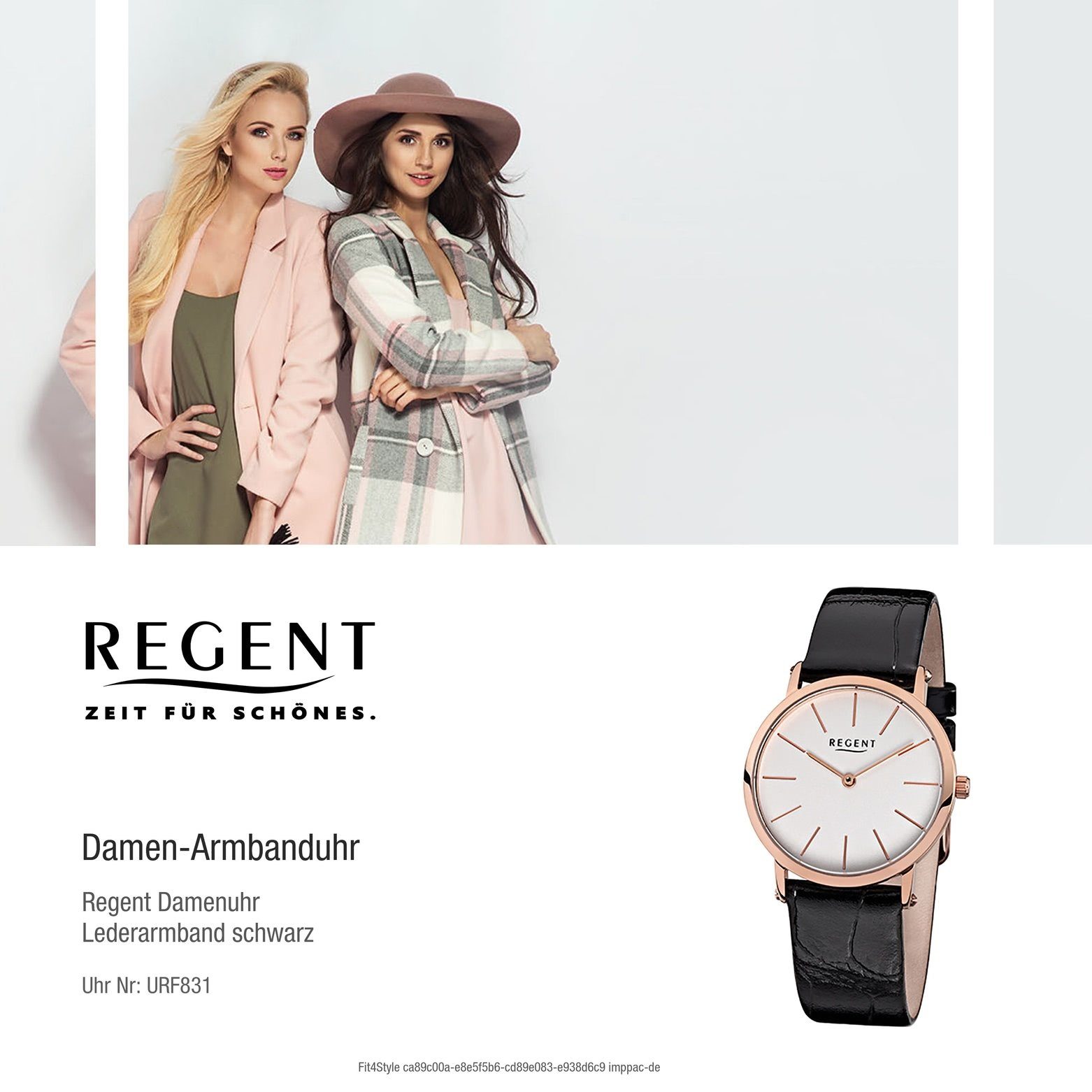 Regent (ca. mittel Lederarmband 33mm), Regent Damen Armbanduhr schwarz Quarzuhr Damen-Armbanduhr rund, Analog,
