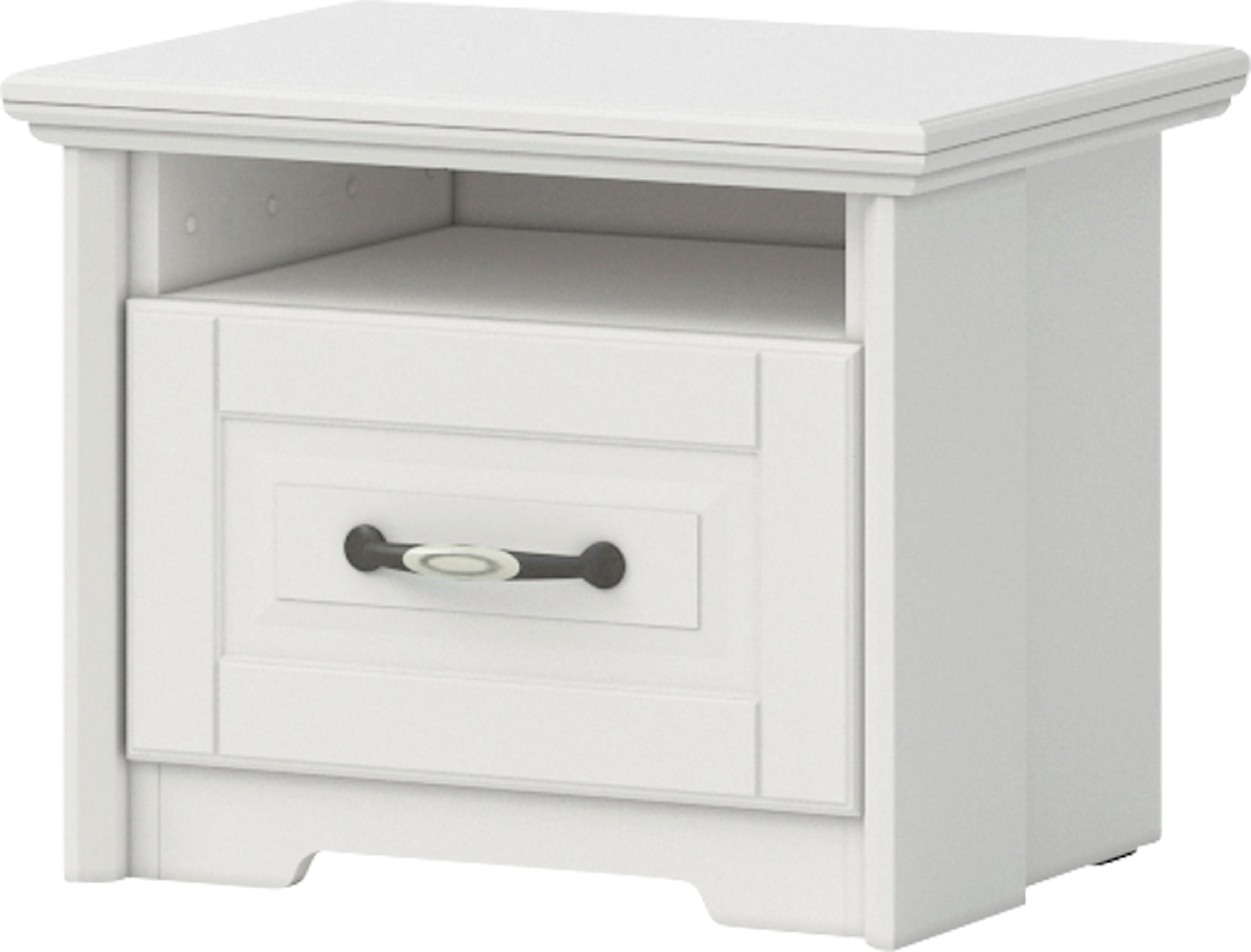 Home affaire Nachtkommode Evergreen, Maße: B/T/H 56/42/45cm, Soft-Close-Funktion (1 offenes Fach und 1 Schublade mit dekoriertem Metallgriff), im klassischen Landhausstil,FSC-zertifiziert,hochwertige UV Lackierung