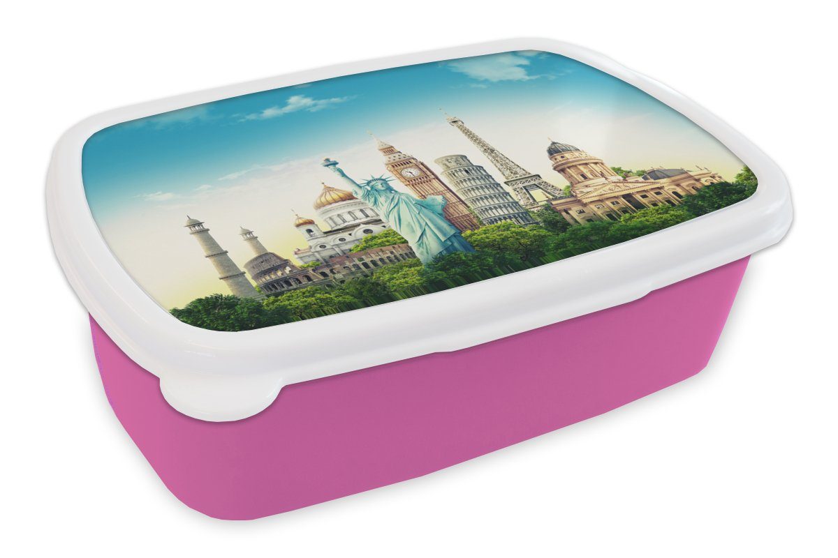 MuchoWow Lunchbox Welt - Eiffelturm - Freiheitsstatue, Kunststoff, (2-tlg), Brotbox für Erwachsene, Brotdose Kinder, Snackbox, Mädchen, Kunststoff rosa