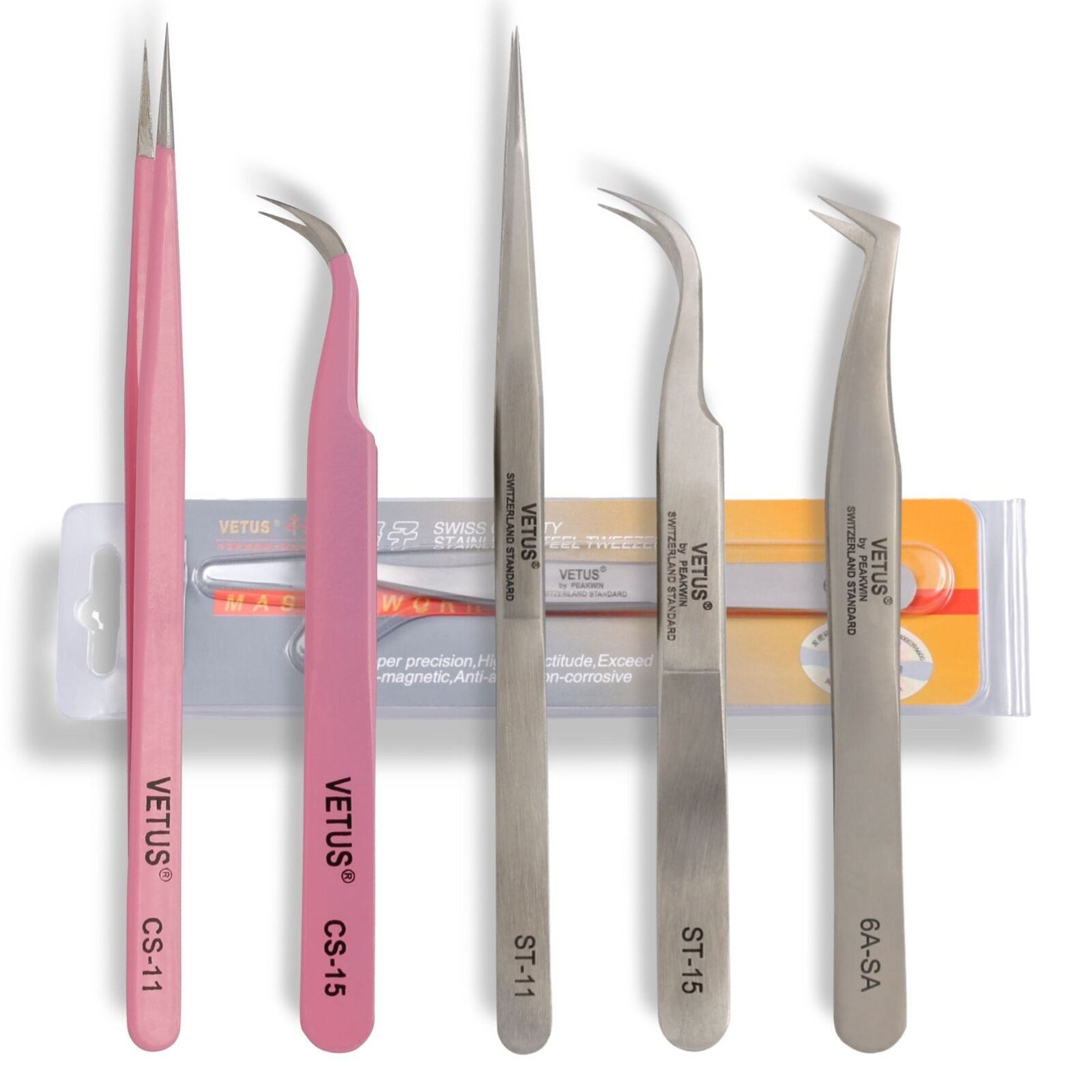 Vetus Pinzette Wimpernverlängerung Pinzette Vetus ST-10 17 CS-11 12 15 5A 6A-SA Set, Für professionelle Wimpernverlängerung, Wimpern, Wimpernstylisten