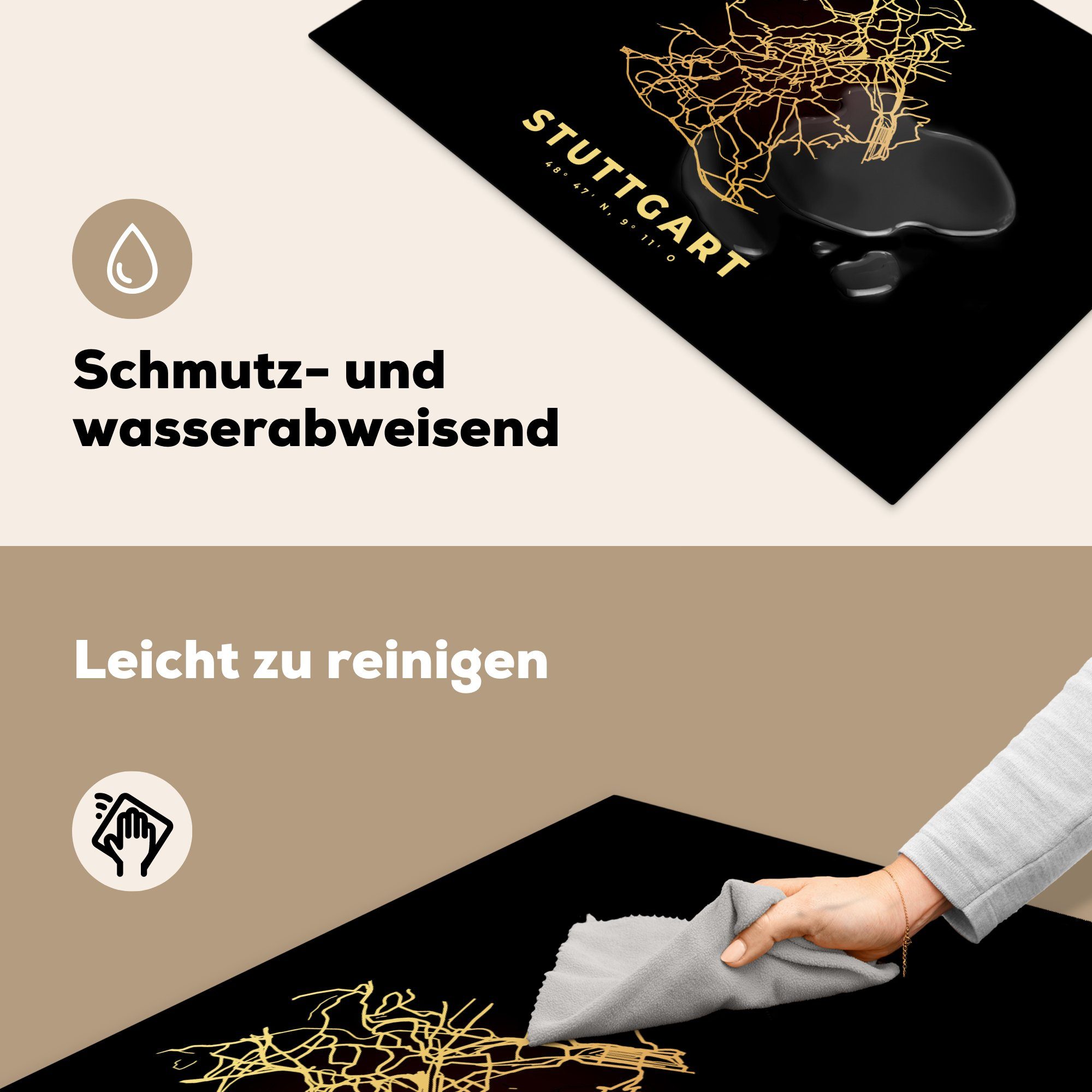 tlg), Schwarz-Gold Schutz cm, Herdblende-/Abdeckplatte Karte MuchoWow Ceranfeldabdeckung 81x52 Stuttgart für Stadtplan, (1 - küche, Vinyl, die - - Induktionskochfeld