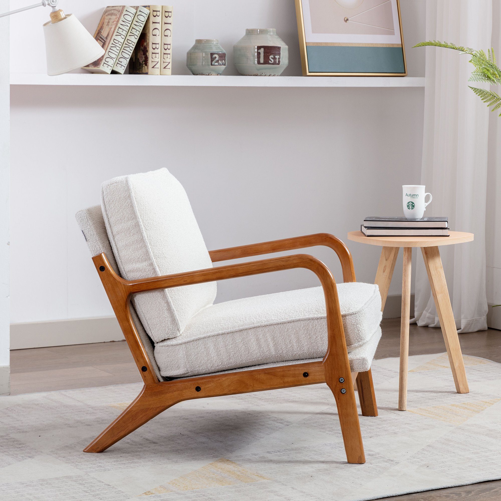 Stuhl Stuhl Armlehnstuhl Wohnzimmer Lounge Celya für Beige Holzrahmensessel, Akzent Moderne