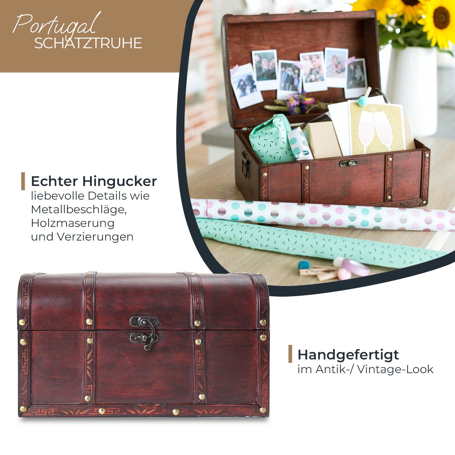 HMF Schatzkiste Schatztruhe aus Holz, große Schatzkiste mit Vintage Metallverschluss, für Kindergeburtstag, Hochzeit oder Jubiläum 35 x 25 x 20 cm, Portugal