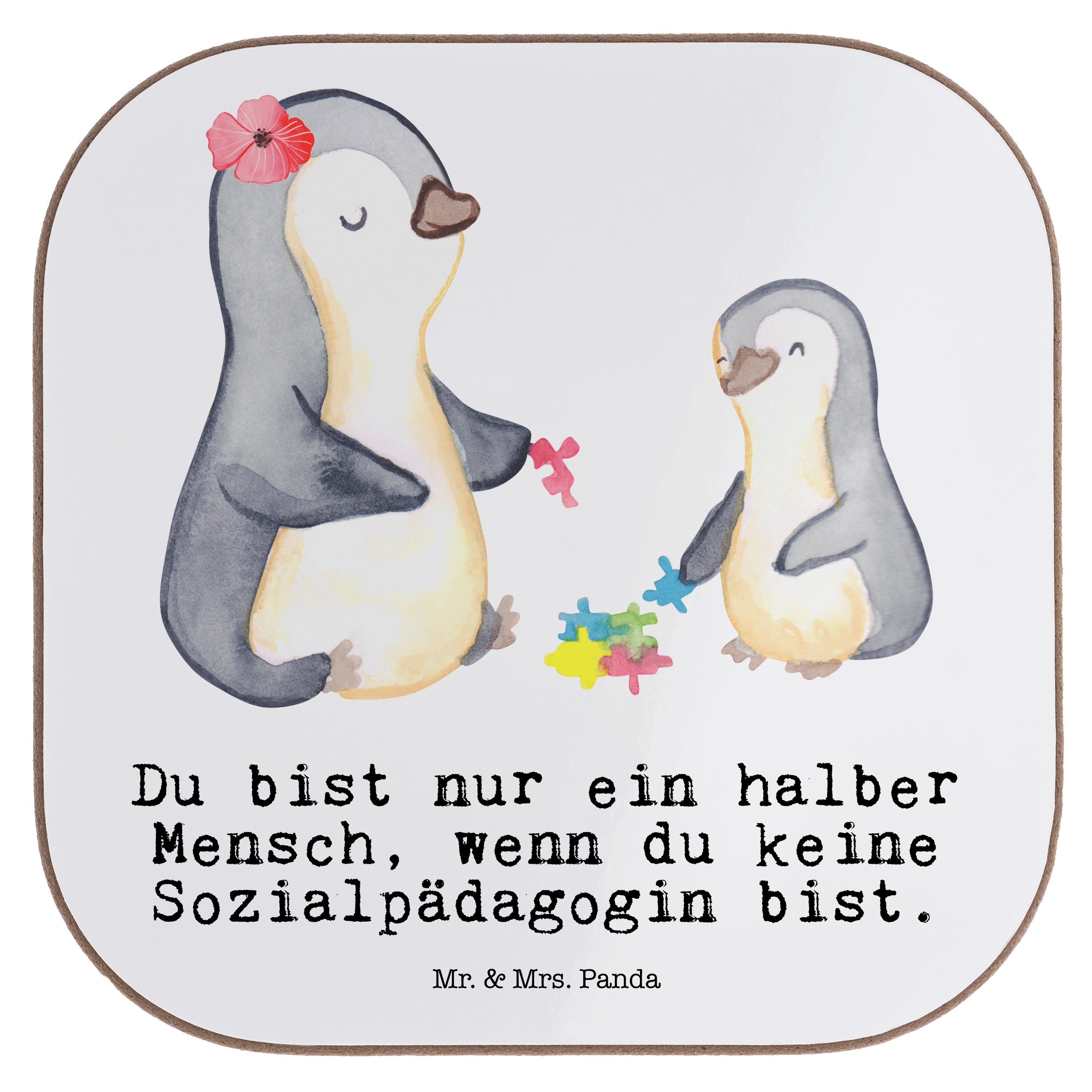 Mr. & Mrs. Panda Getränkeuntersetzer Sozialpädagogin mit Herz - Weiß - Geschenk, Arbeitskollege, Mitarbeit, 1-tlg.