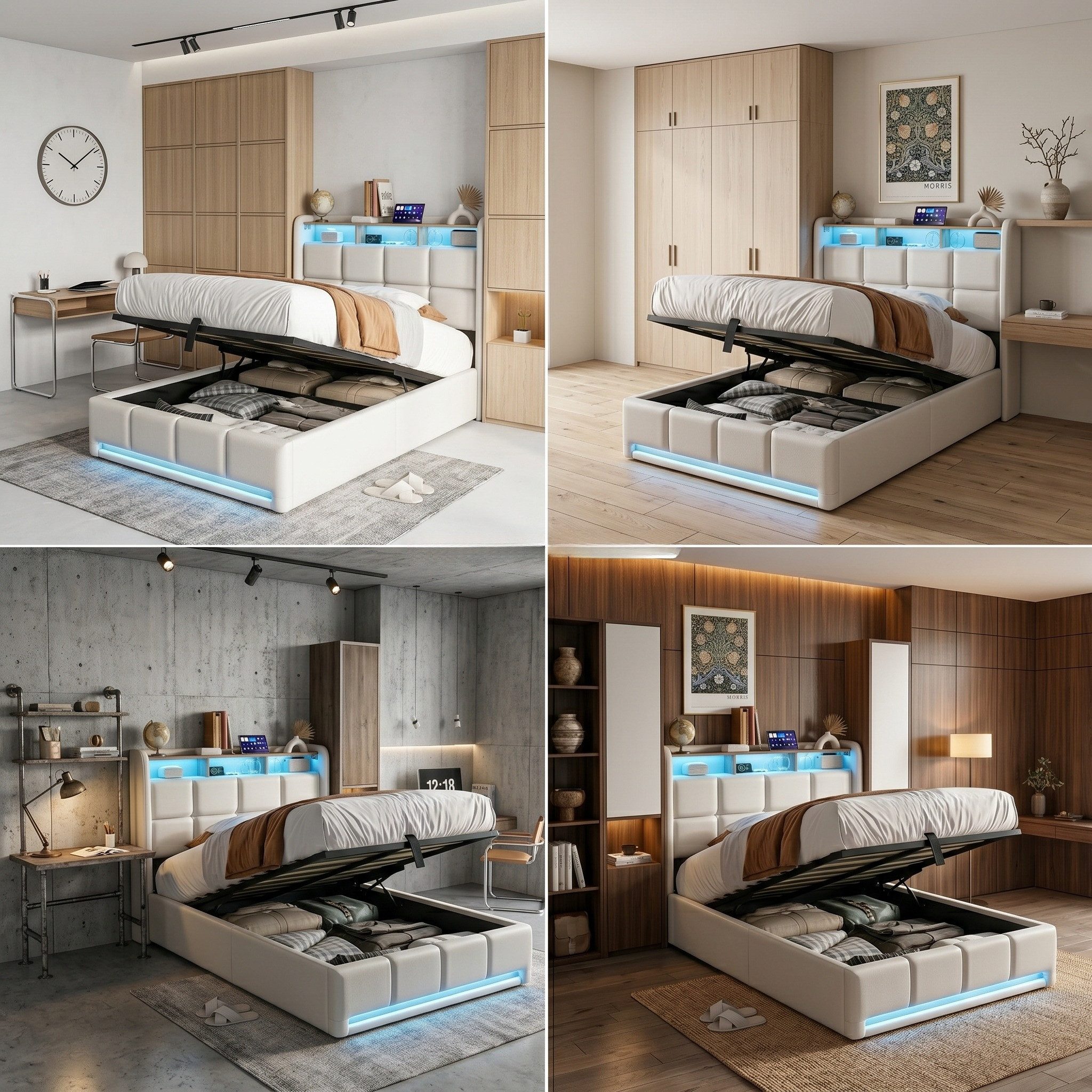 Furnishings Home Polsterbett LED Doppelbett 140x200cm, Stauraumbett mit Kopfteil und 4 Schubladen (Leinenmaterial Polsterbett mit RGB Beleuchtung), mit Lattenrost und Ladefunktion, mit Komforthöhe, Leises Design Bett