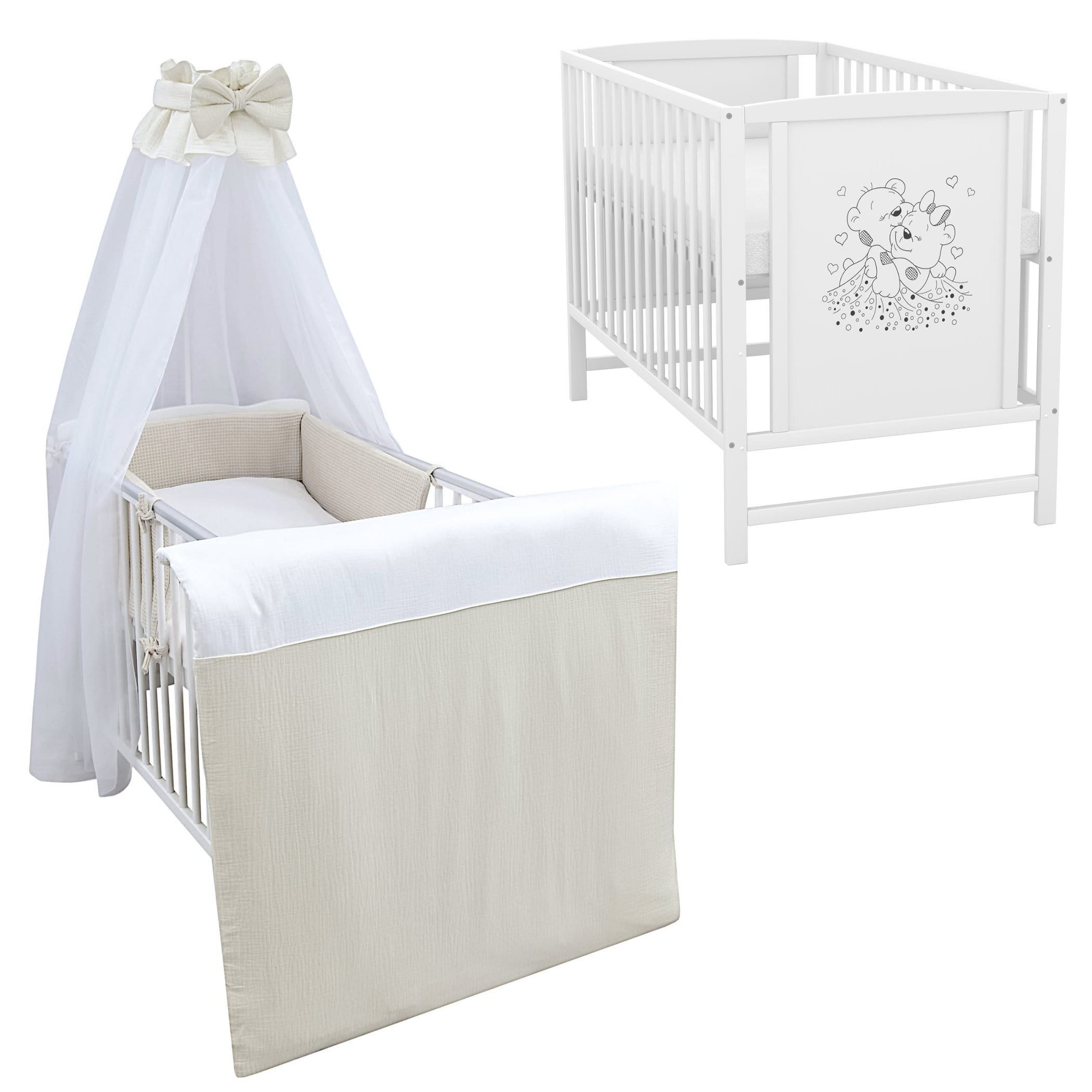 Baby-Delux Komplettbett Babybett Mia Komplettset Musselin Waffelpique, 10-tlg., Kinderbett 60x120 cm weiß, Bettset verschiedene Designs