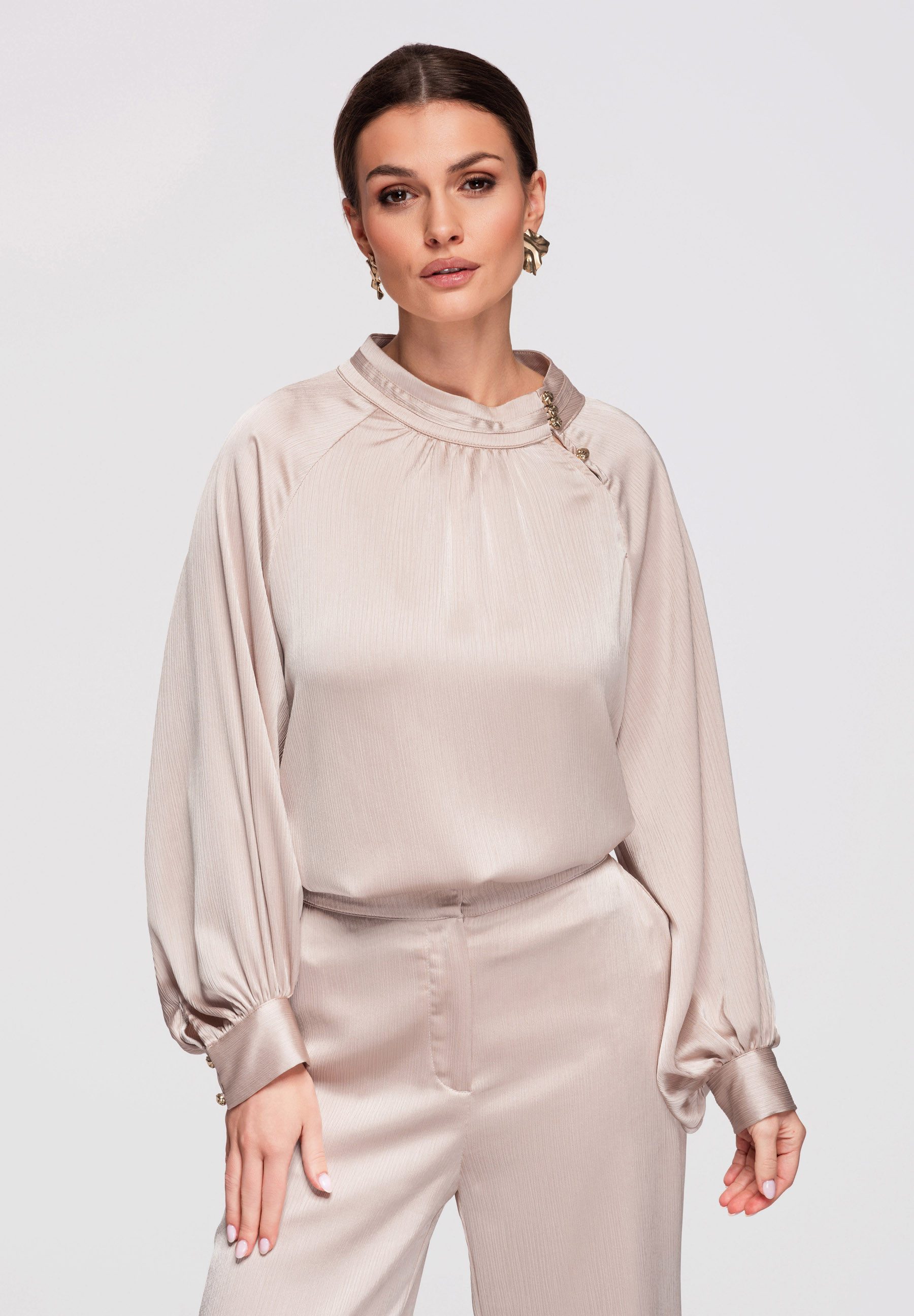 OMBRE Langarmbluse Langarmbluse Damen Elegant Loose Fit Beige L (kein Set, günstig online kaufen