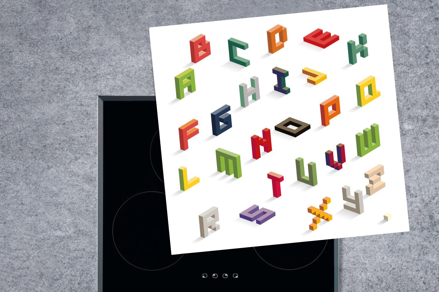 MuchoWow Herdblende-/Abdeckplatte Alphabet tlg), Arbeitsplatte küche Vinyl, für in Ceranfeldabdeckung, 78x78 cm, isometrischen (1 Buchstaben