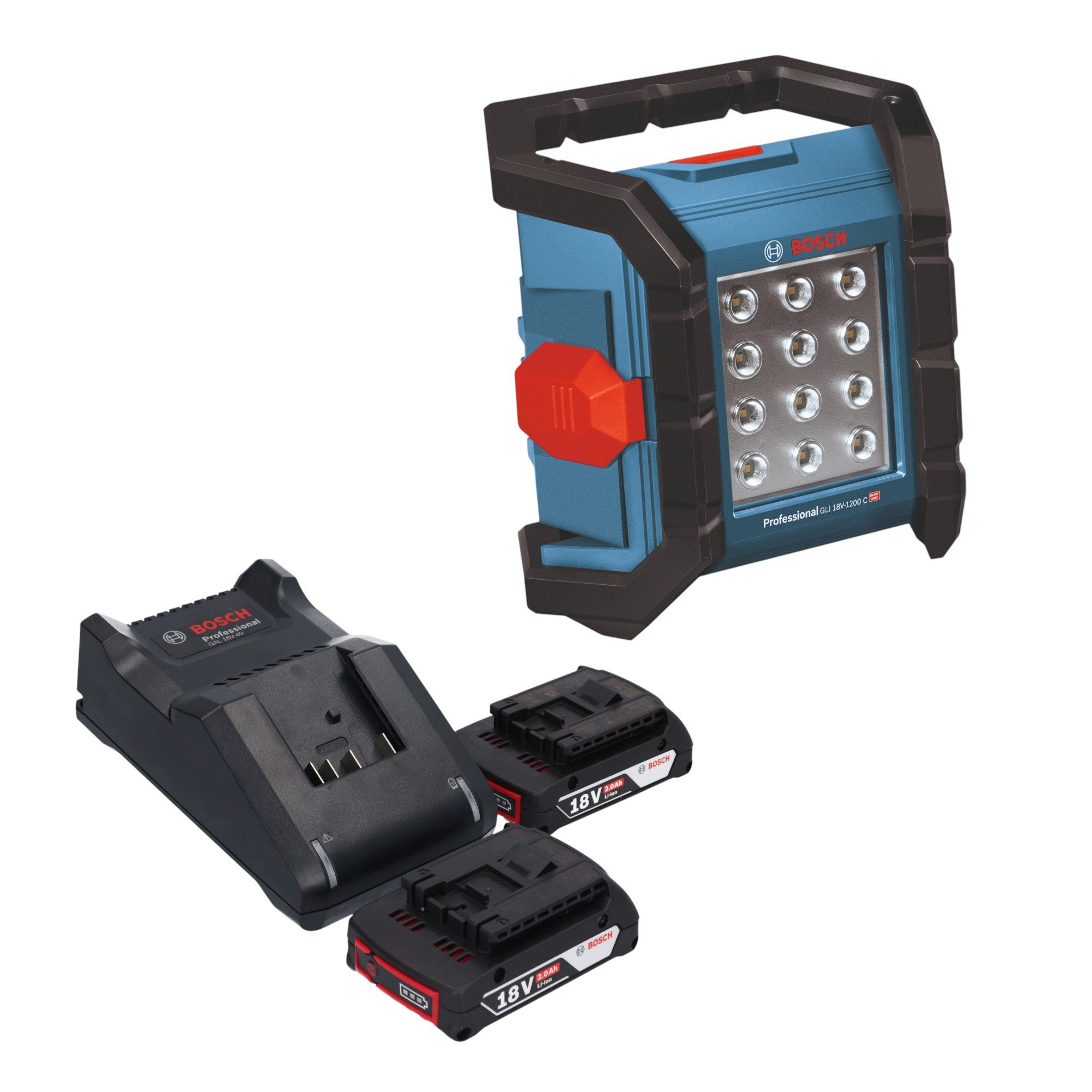 Bosch Professional Baustrahler GLI 18V-1200 C Professional 18 V 1200 lm + 2x Akku 2,0 Ah + Lader