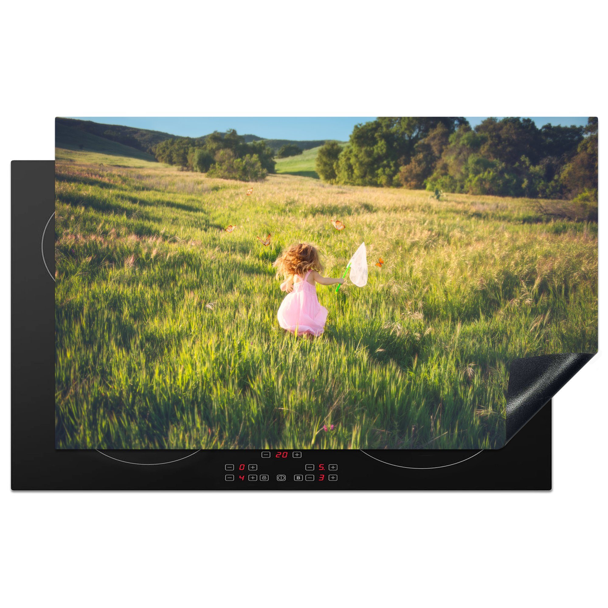 MuchoWow Herdblende-/Abdeckplatte Kleines Mädchen läuft durch ein Feld, um Schmetterlinge zu fangen, Vinyl, (1 tlg), 83x51 cm, Ceranfeldabdeckung, Arbeitsplatte für küche