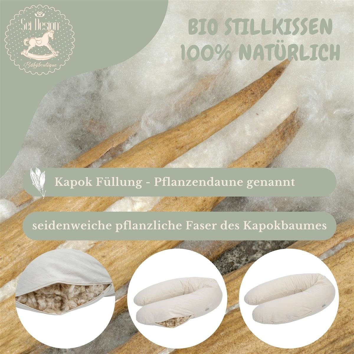 BIO-Stillkissen + Kissen Kapok 190x30 Baumwolle BIO Mint Stillkissen Design Dark Bezug, Naturstillkissen + SEI cm,