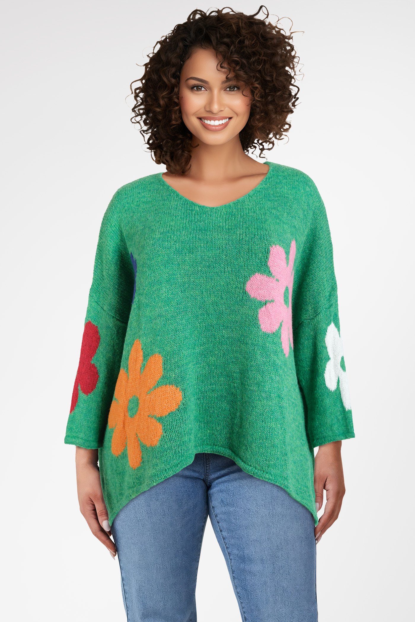 PEKIVESSA Strickpullover Oversize Pullover mit V-Ausschnitt (1-tlg) und Blumenstickerei smaragdgrün