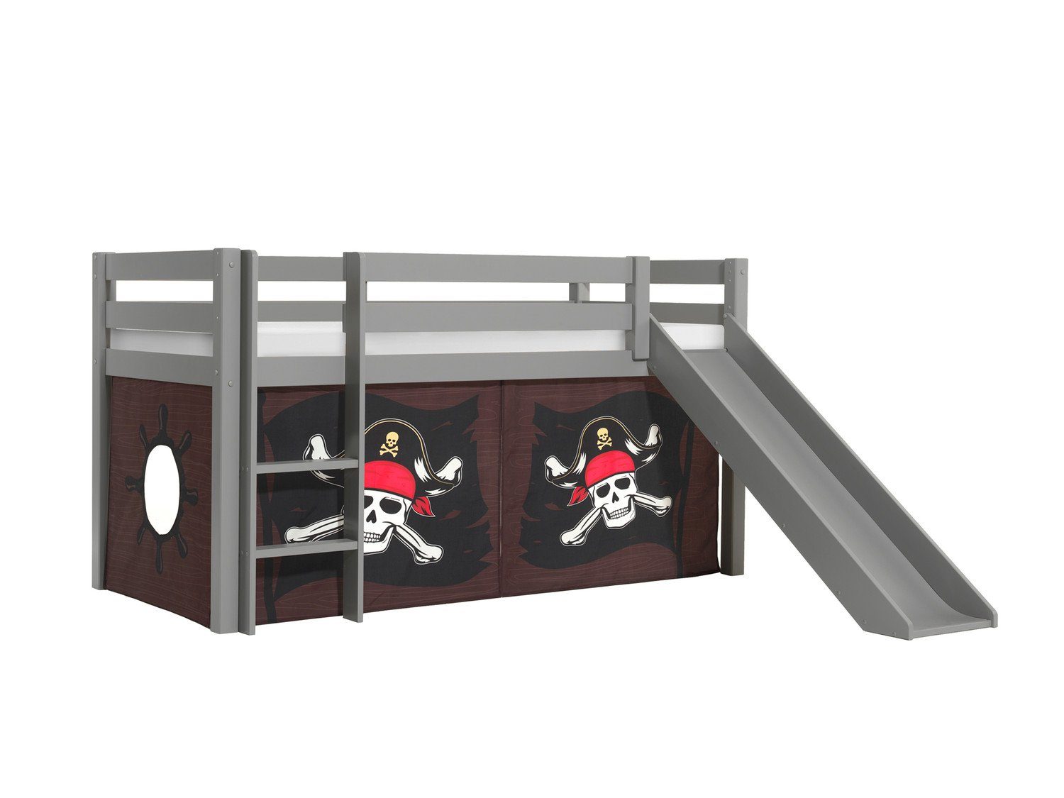 Natur24 Kinderbett Halbhohes Bett Pino mit Rutsche und Textilset Pirat Kiefer Grau lackiert