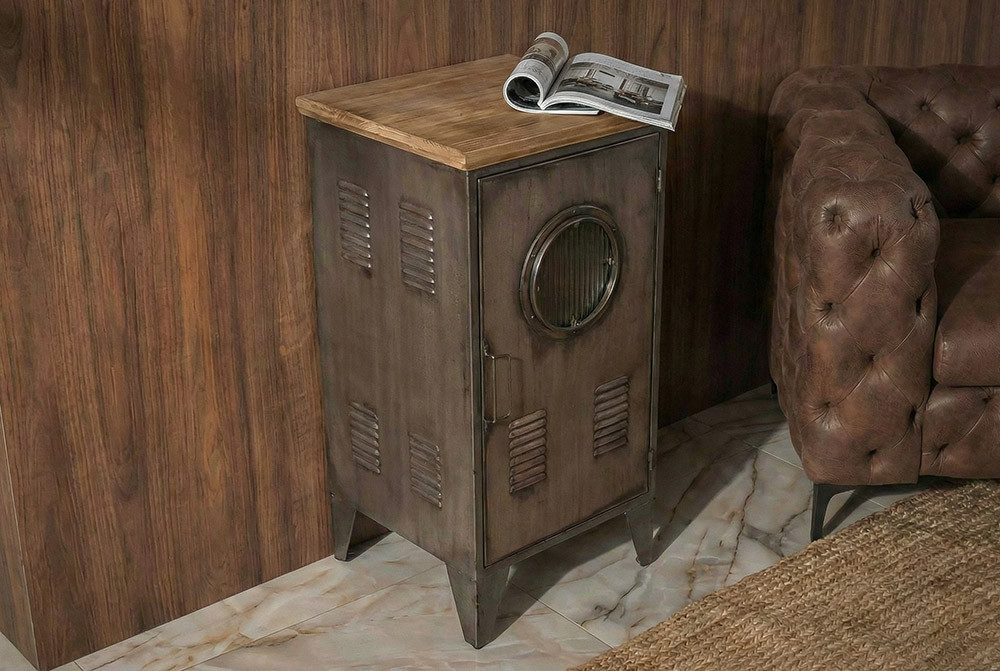 riess-ambiente Beistellschrank NAUTILUS 85cm natur - Metall, Massivholz, Vintage-Spind, Industrial (Einzelartikel, 1-St) mit Bullauge & Lüftungsschlitzen – ideal für Wohn- oder Schlafzimmer