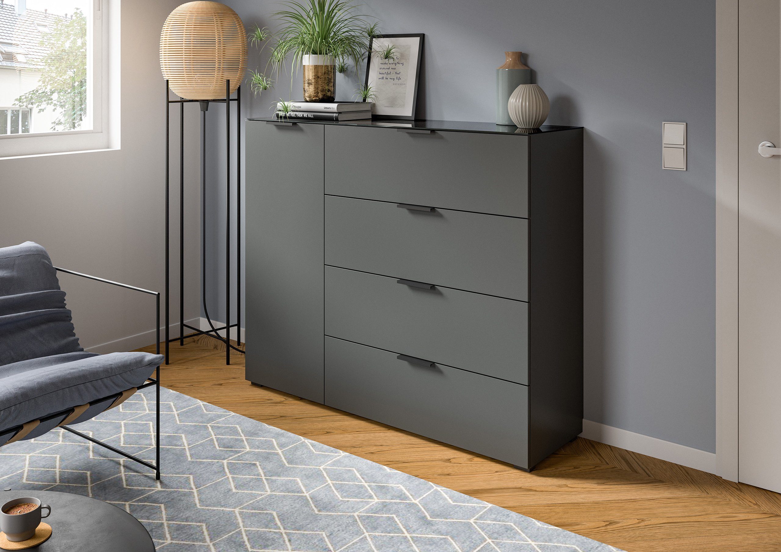 Newroom Kommode Anthrazit 112 cm, Kommode Anthrazit Sideboard Highboard Modern Zeitlos Wohnzimmer Sch...
