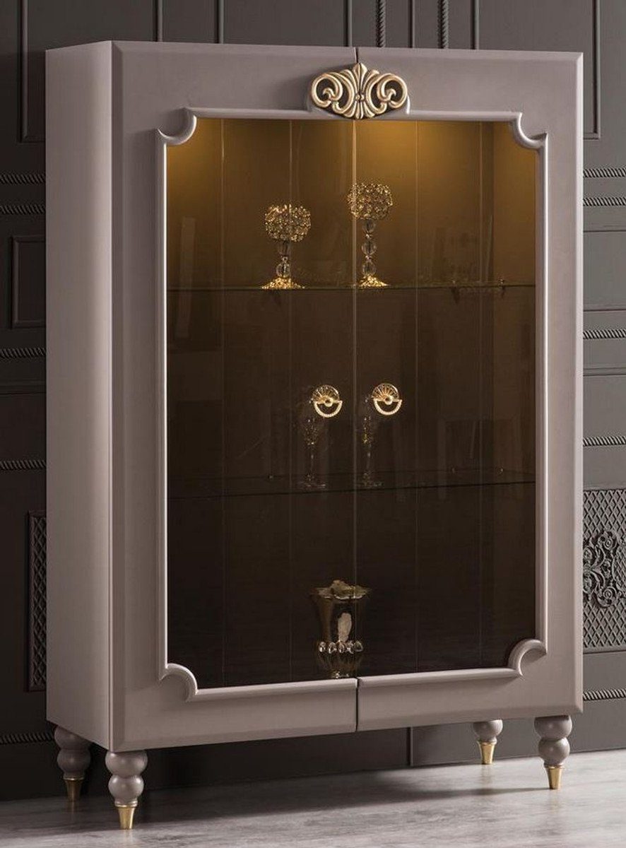 Casa Padrino Vitrine Luxus Barock Vitrine Grau / Gold 116 x 45 x H. 170 cm - Beleuchteter Massivholz Vitrinenschrank mit 2 Glastüren - Edle Barock Möbel