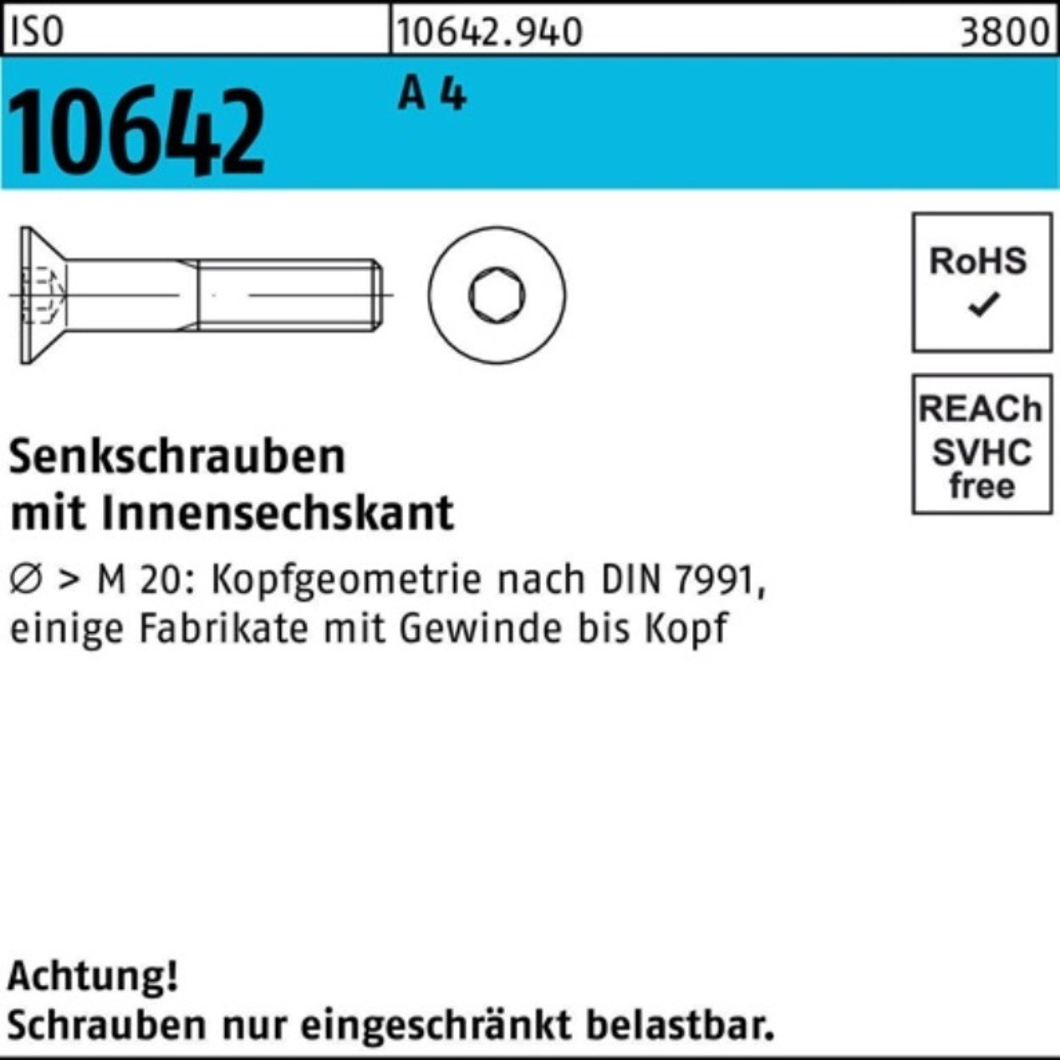 Pack Senkschraube Reyher Innen-6kt A 10642 ISO ISO 110 Stück 4 100er Senkschraube M20x 1