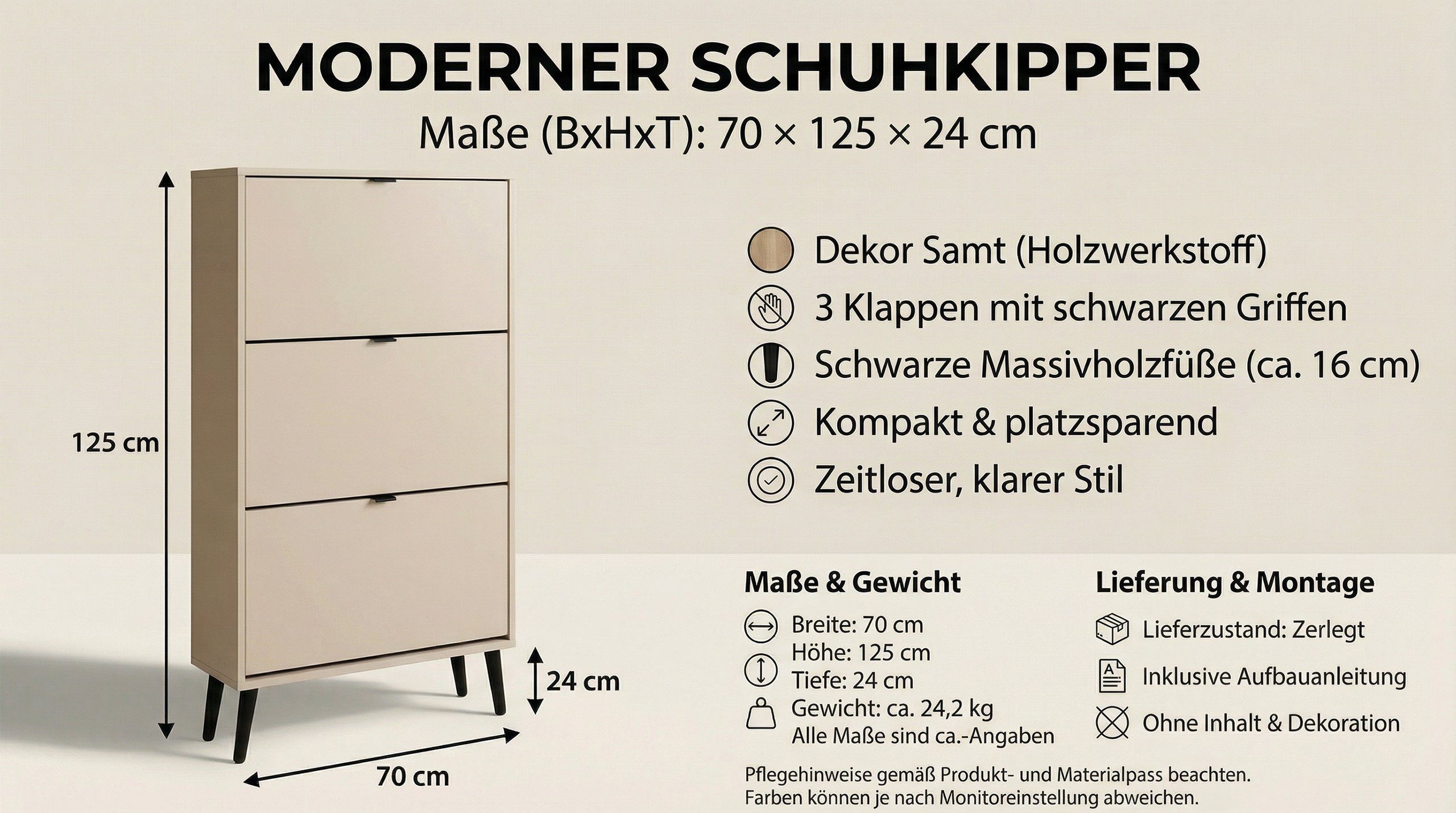 Newroom Schuhschrank Beige 70 cm Schuhkipper schmal mit 3 Klappen für Flur und Diele – Bild 4 von 5