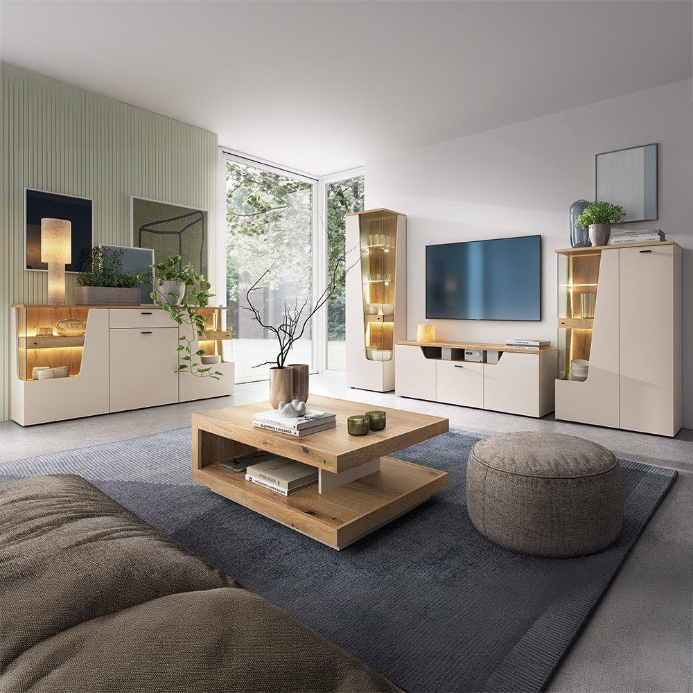 Lomadox Wohnzimmer-Set CARMONA-129, (Mega-Spar-Set, 5-St., Couchtisch Highboard Lowboard Sideboard Vitrine), in Kaschmir und Eiche, inkl. LED-Beleuchtung