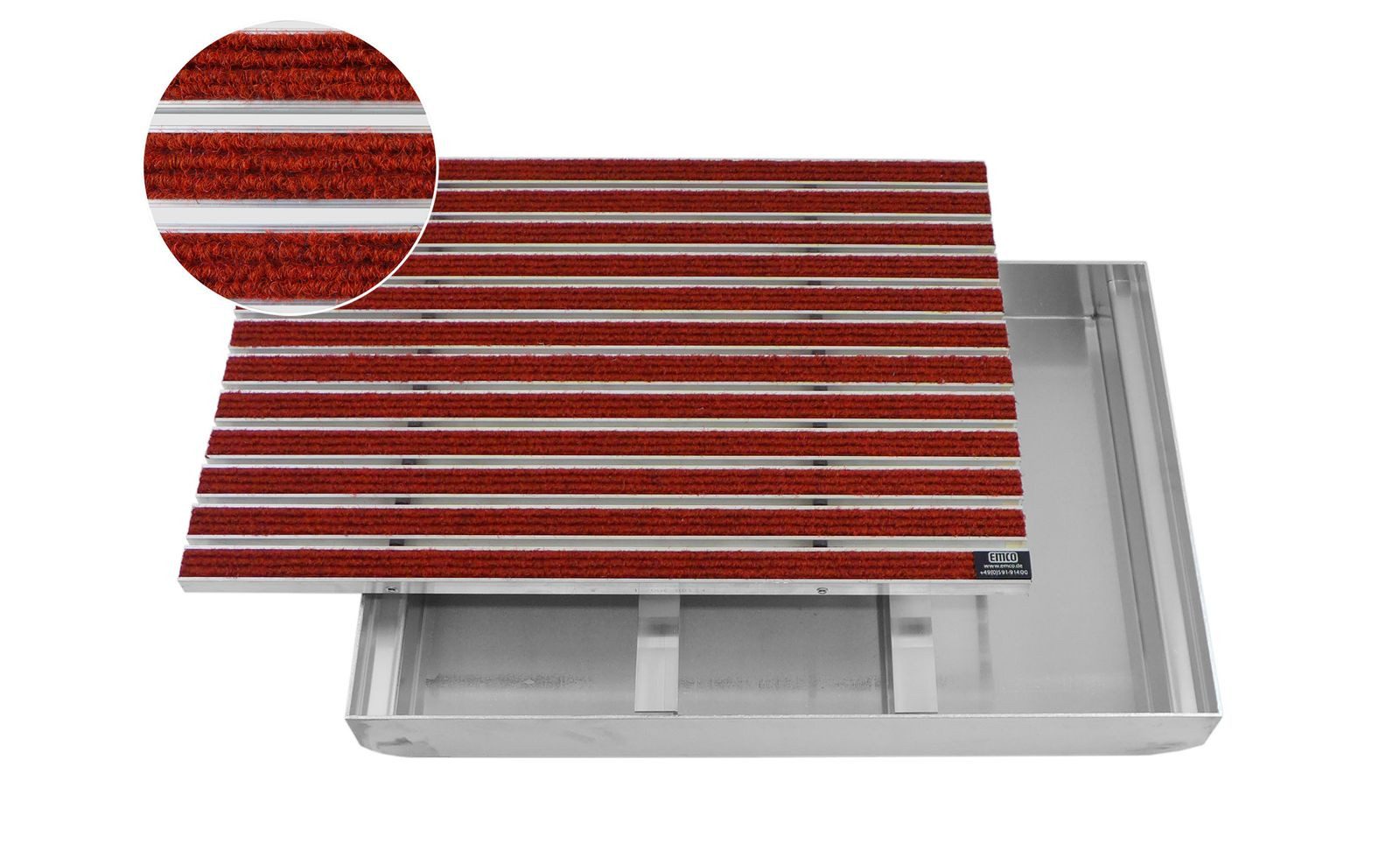 Emco Fußmatte Eingangsmatte DIPLOMAT + Bodenwanne Aluminium, Rips Rot, rechteckig, Höhe: 75 mm, Größe: 750x500 mm, für Innen- und überdachten Außenbereich