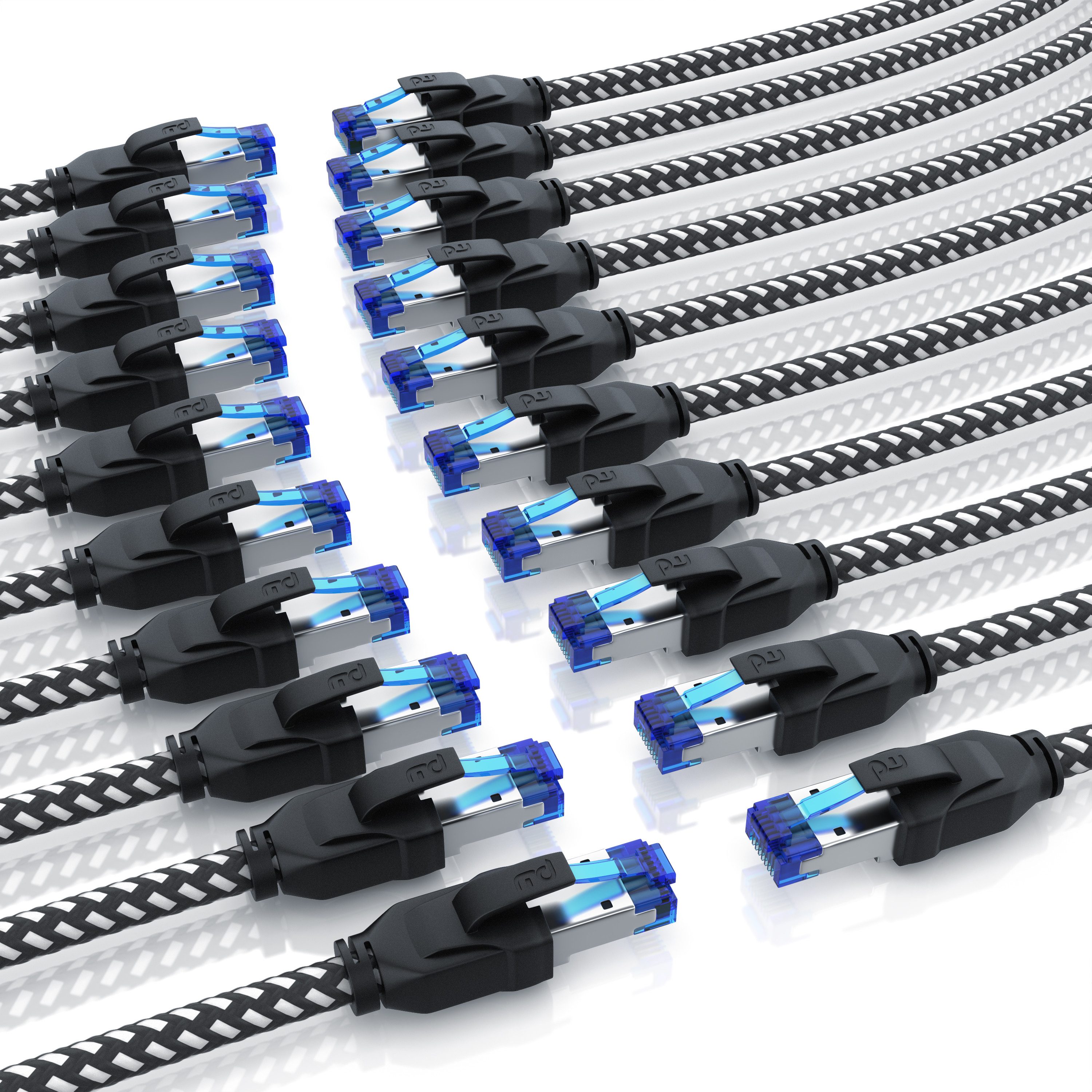 Primewire 20x Patchkabel CAT 8 1m, Baumwollmantel, Netzwerkkabel 40Gbit/s LAN-Kabel, RJ-45 (Ethernet), RJ-45 (Ethernet) (100 cm), für Router, Modem, Switch, PC, ideal für Gaming, Streaming, Homeoffice