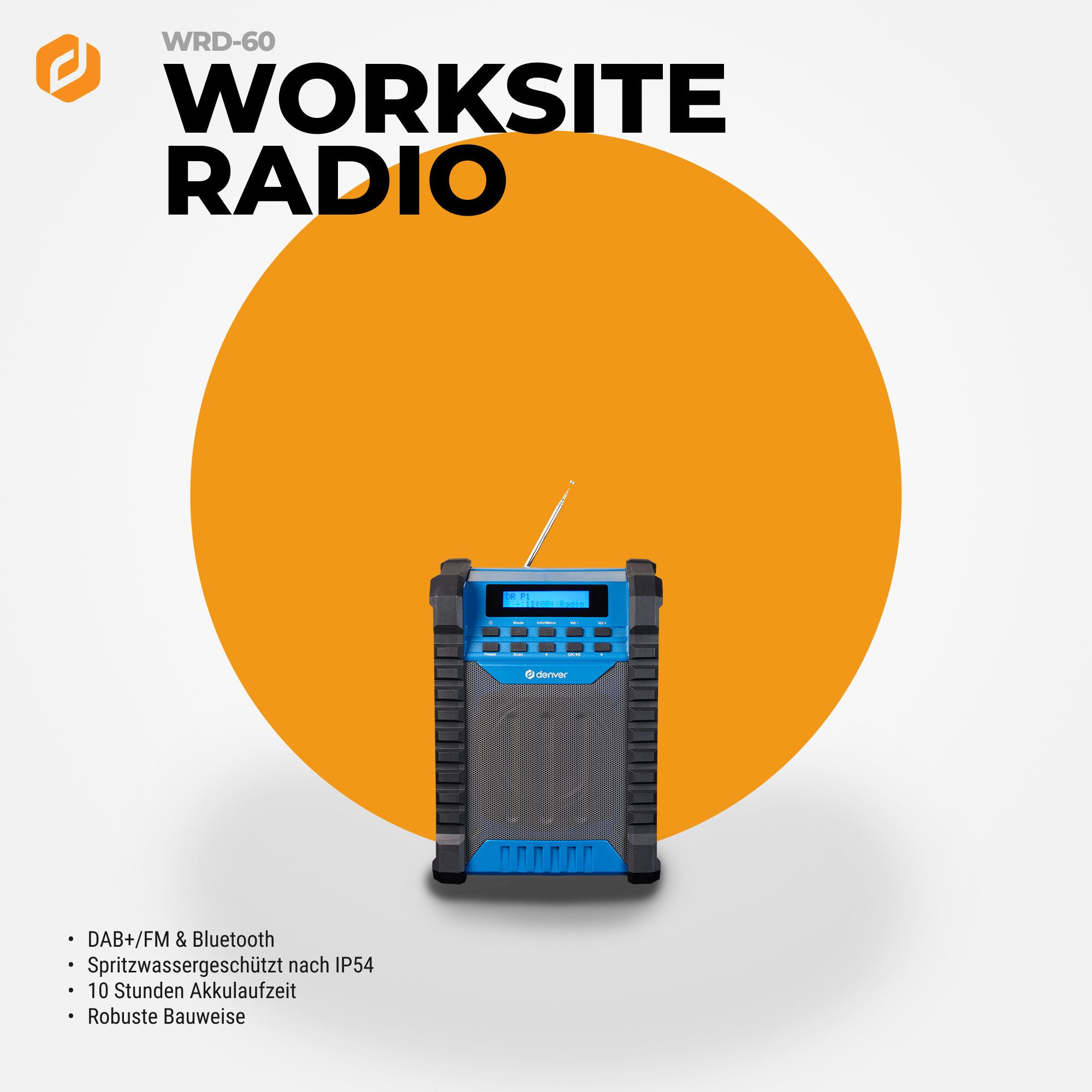 Denver WRD-60 Baustellenradio (DAB+, FM, 10 W, Spritzwasserschutz (IP54), integrierter Akku 2000 mAh (10 h Laufzeit)