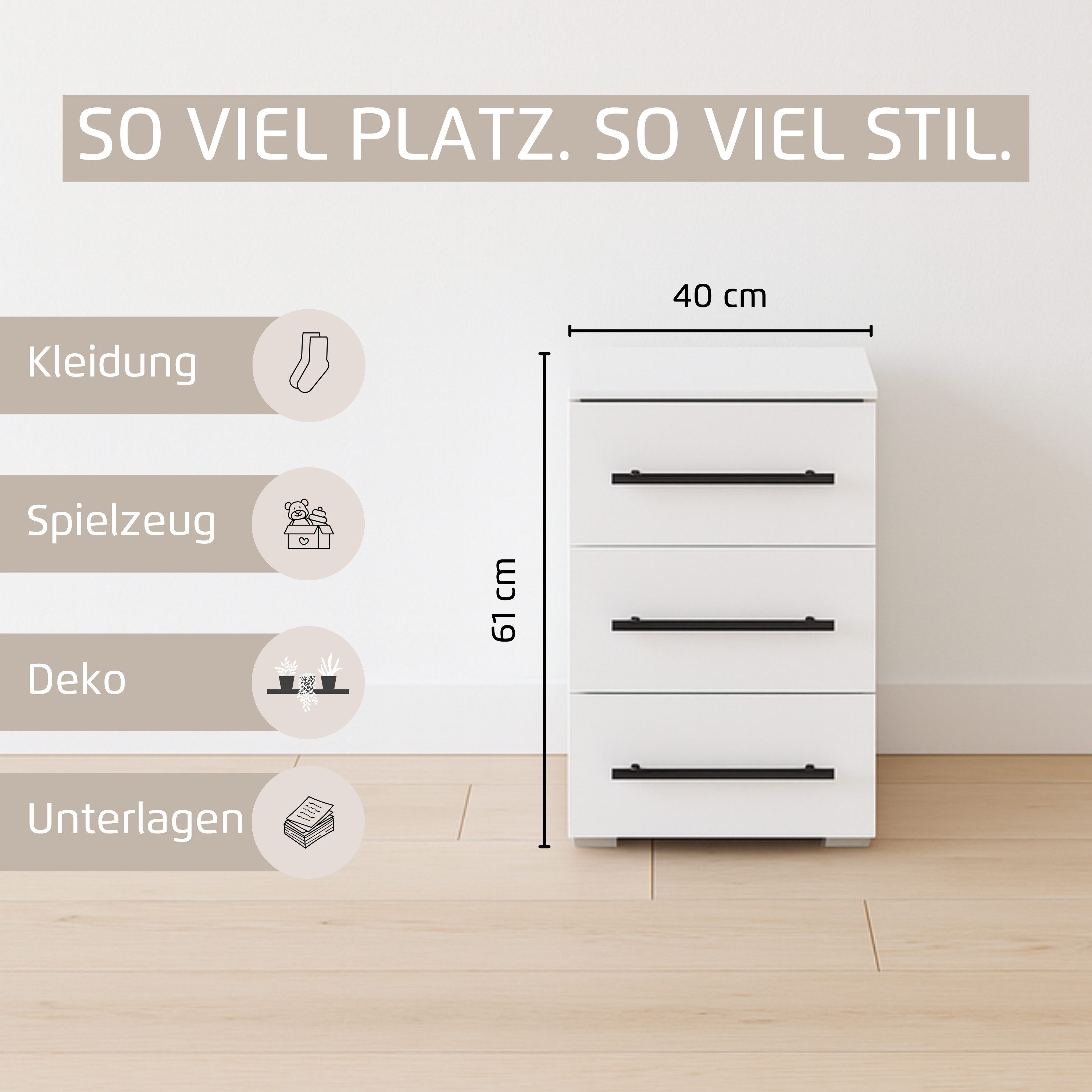 rauch Nachtkommode Nachttisch Nachtkonsole AVOLA in Dekorfront (Breite 40 cm inkl. Soft-Close-Funktion), mit 3 geräumigen Schubladen für viel Stauraum MADE IN GERMANY