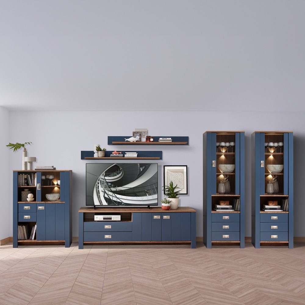 (6-St., Eiche in blau TV-Lowboard, DEVON-36, Nb., Vitrinen, Beleuchtung Landhaus 6-tlg), mit Wohnwand Set Lomadox