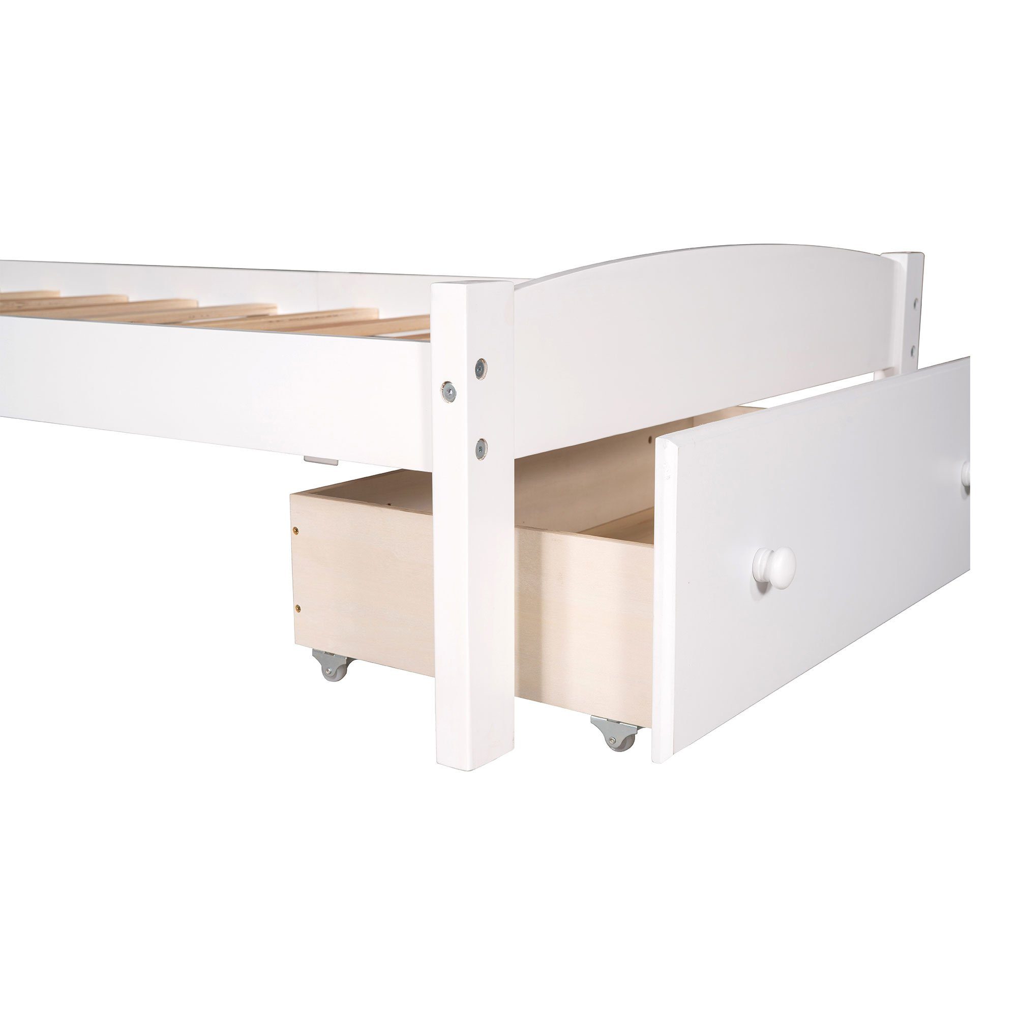 Kinderbett (1-tlg), Jugendbett 90x200 Funktionsbett aus Kiefernholz Weiß mit Schublade und Lattenrost