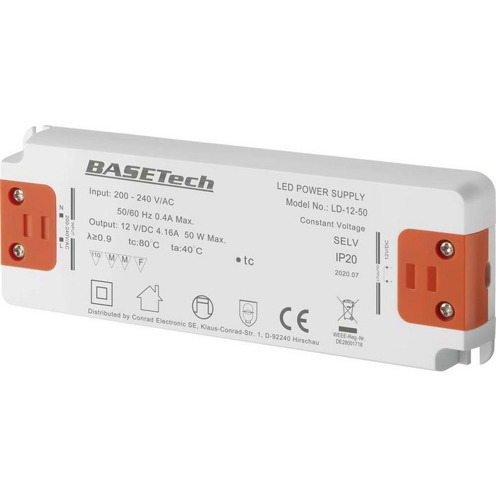 Basetech LED Aufbaustrahler LED-Trafo 50 W 12 V/DC 4.16 A Anschluss (Bauelemente): Schraubklemme · Ausführung (LED-Treiber): Konstantspannung · Ausgangsstrom (max): 4.16 A · Betriebsspannung: 12 V/DC · Eingangsspannung (max): 240 V/AC · Eingangsspannung (
