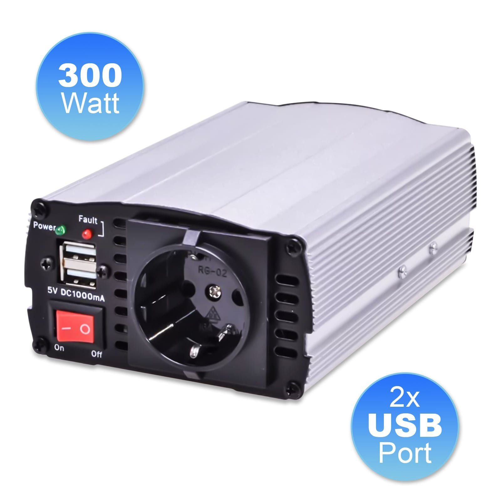 Filmer Spannungswandler 300 Watt KFZ Power Inverter/Wechselrichter  Zigarettenanzünder, bietet 230 Volt Steckdose + 2x USB-Anschlüsse, für Auto,  Überhitzungsschutz und Überspannungsschutz. 90% Effizienz