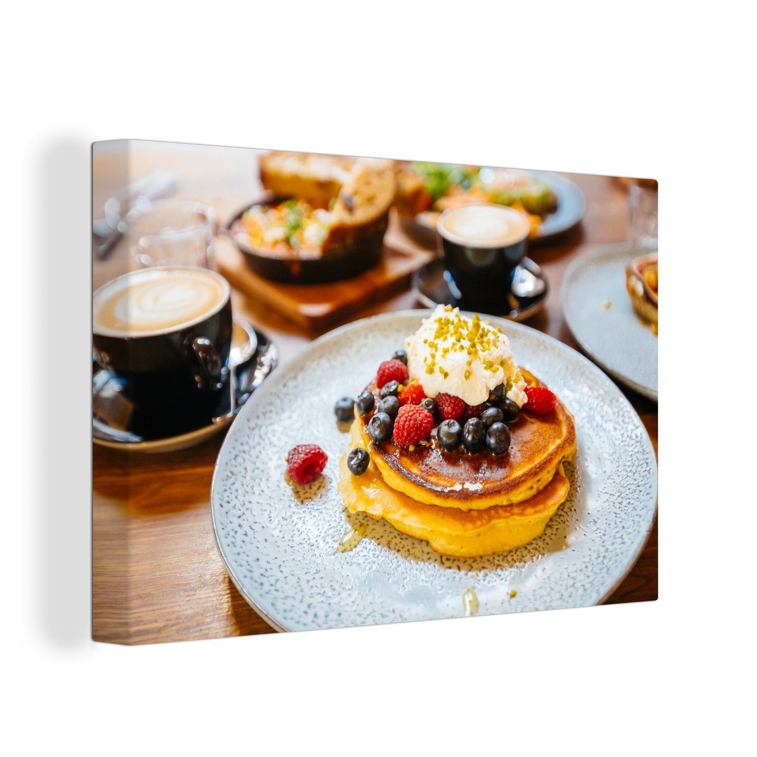 OneMillionCanvasses® Leinwandbild Entspanntes Frühstück mit Pfannkuchen, (1 St), Wandbild Leinwandbilder, Aufhängefertig, Wanddeko, 30x20 cm