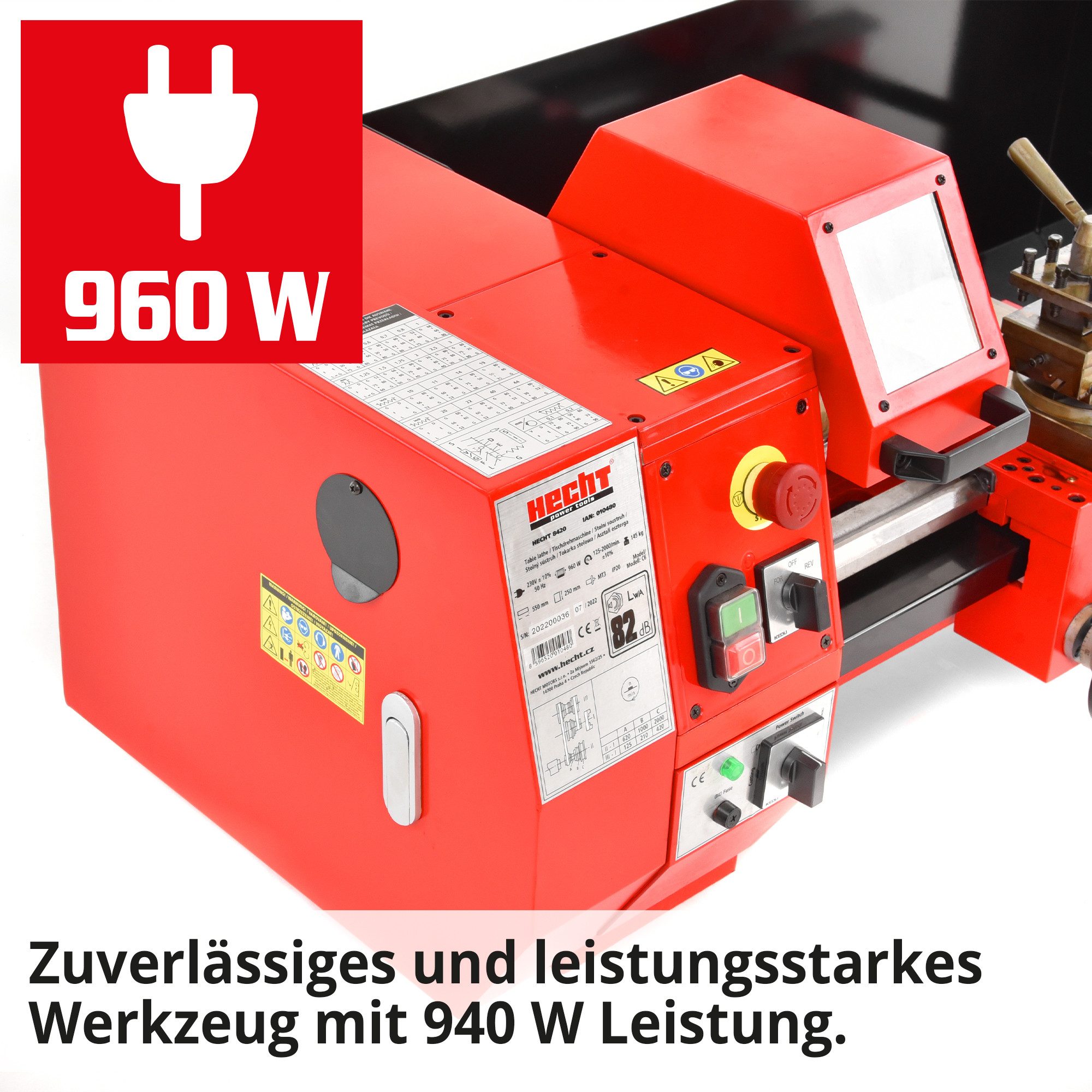 Hecht Drehmaschine 8420 Metalldrehbank 960 W, Spitzenweite 550 mm, Rundlauf 0,03 mm