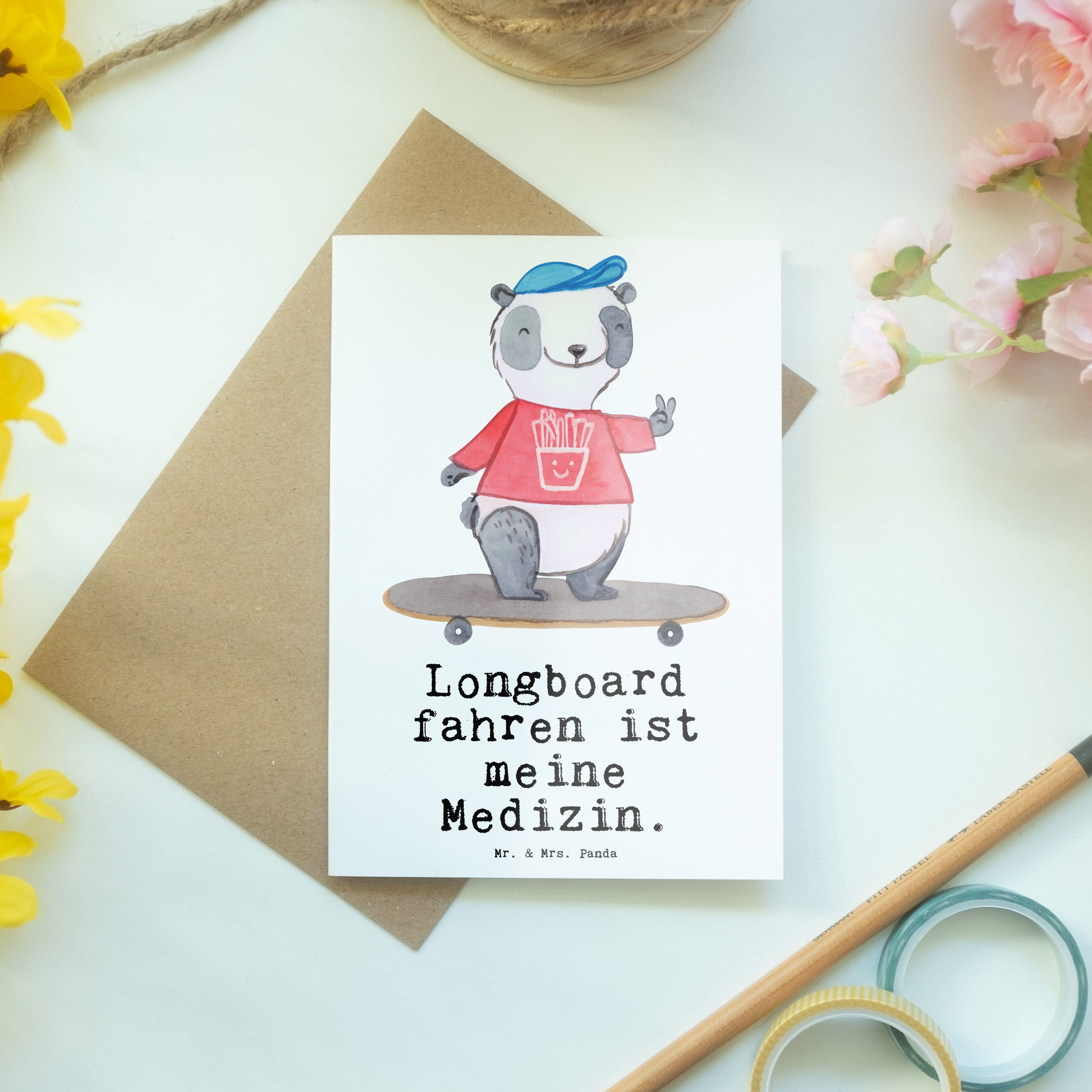 Mr. & Mrs. Panda Grußkarte Panda Longboard fahren Medizin - Weiß - Geschenk, Longboardfahren, Sk