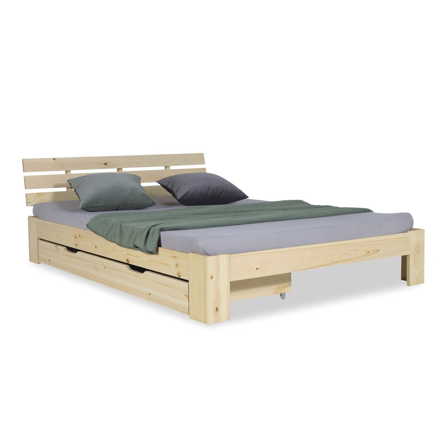 Homestyle4u Holzbett Doppelbett 140x200 cm inkl. Lattenrost + Bettkasten Natur Holz Massiv