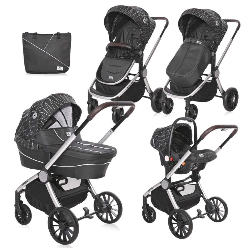 Lorelli Kombi-Kinderwagen Kombikinderwagen Ramona 3 in 1, Babyschale Sitzeinheit Wickeltasche Korb schwarz/grau