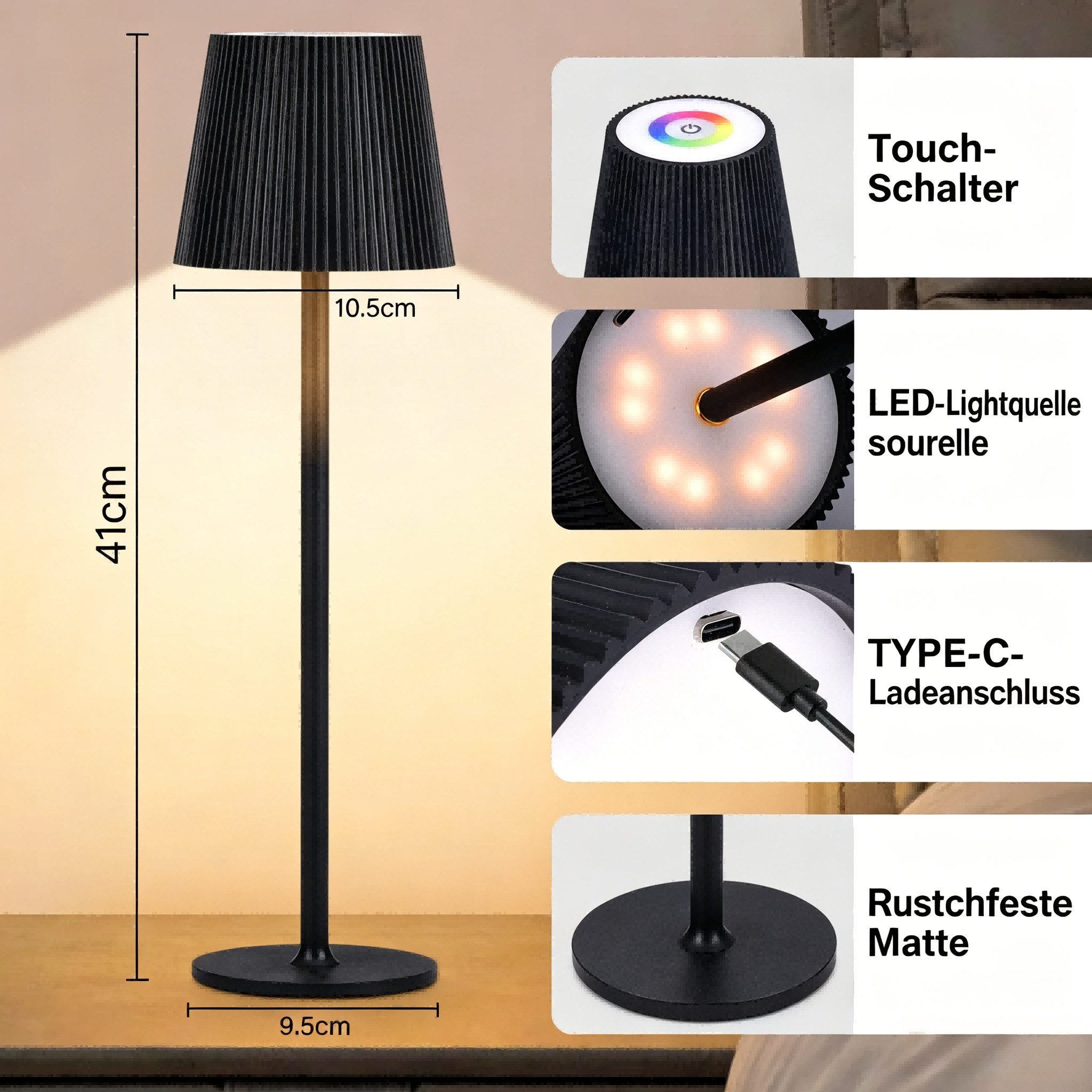 Kityhome Nachttischlampe 2Set LED-Tischlampen - Dreifarbiges dimmbares Licht & 6000 mAh, 3-Stufen Augenschon-System
