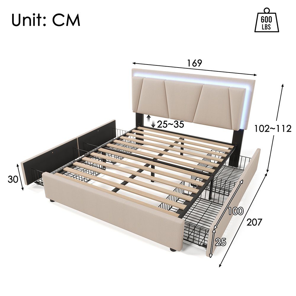 Polsterbett (Stauraumbett, mit Matratze), Doppelbett 160x200cm mit LED-Beleuchtung und 4 Schubladen